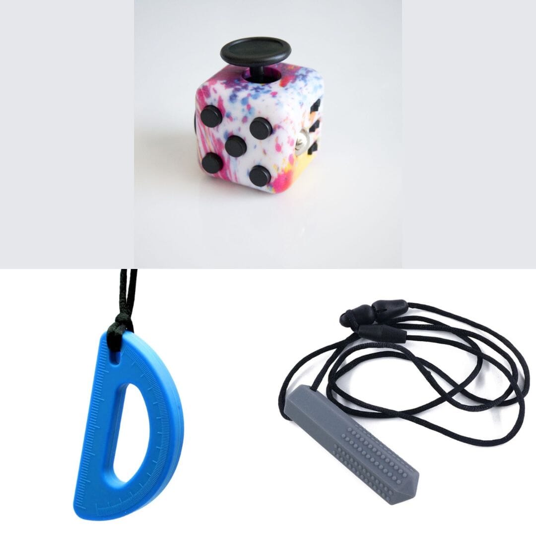 2 Chew Necklaces + 1 Push Button Fidget (choose your colors) Grey Blue Paint Splatter