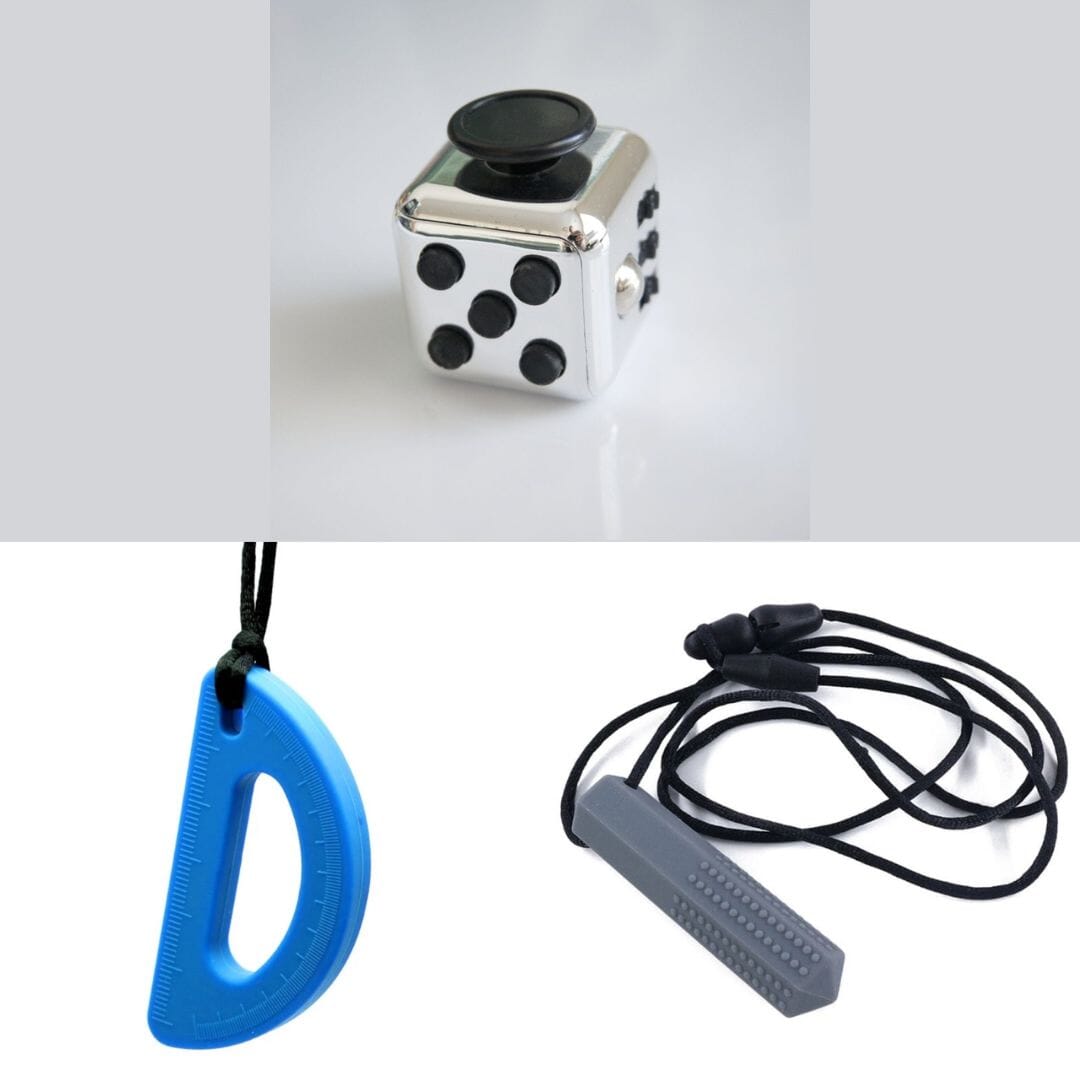 2 Chew Necklaces + 1 Push Button Fidget (choose your colors) Grey Blue Metallic Silver