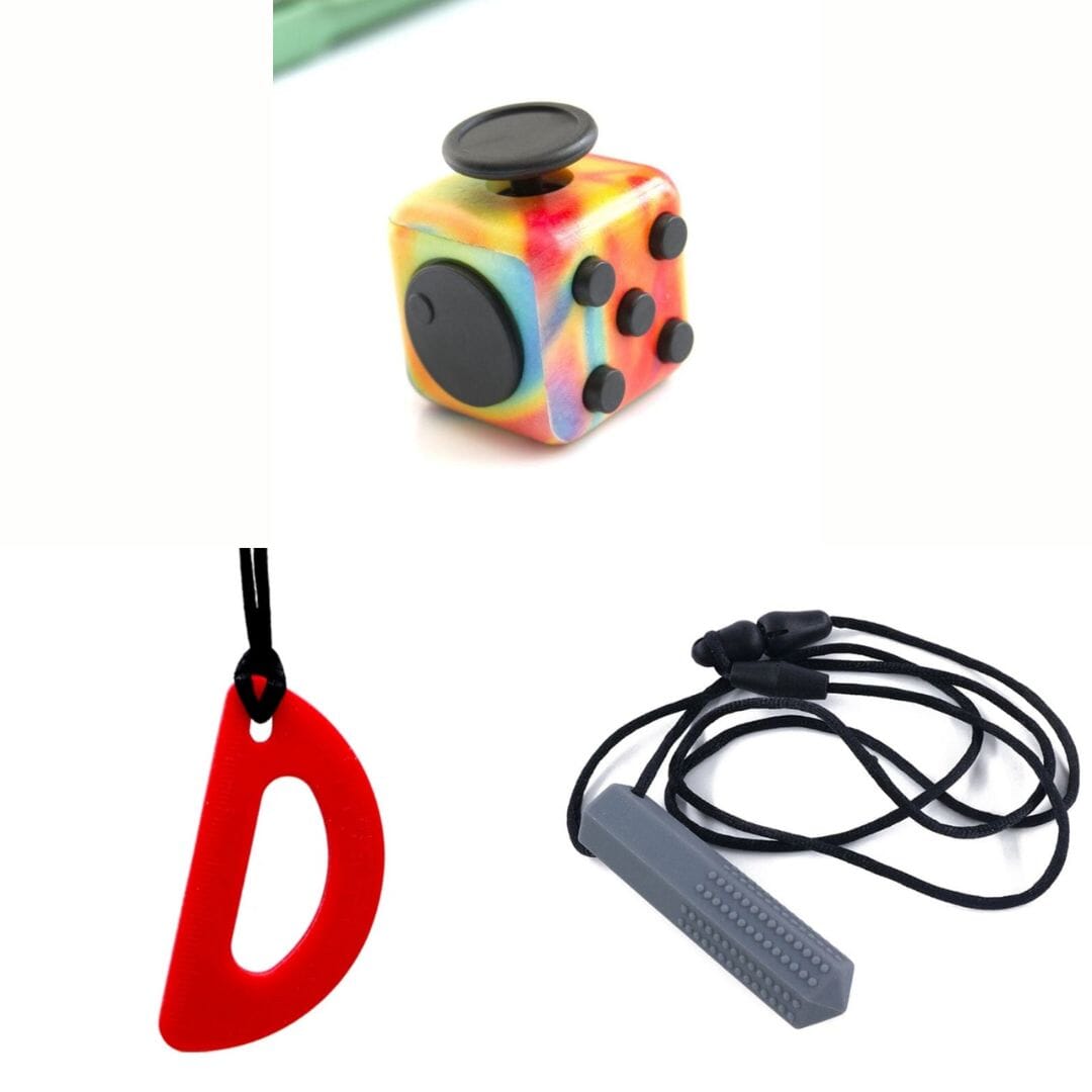 2 Chew Necklaces + 1 Push Button Fidget (choose your colors) Grey Red Watercolor