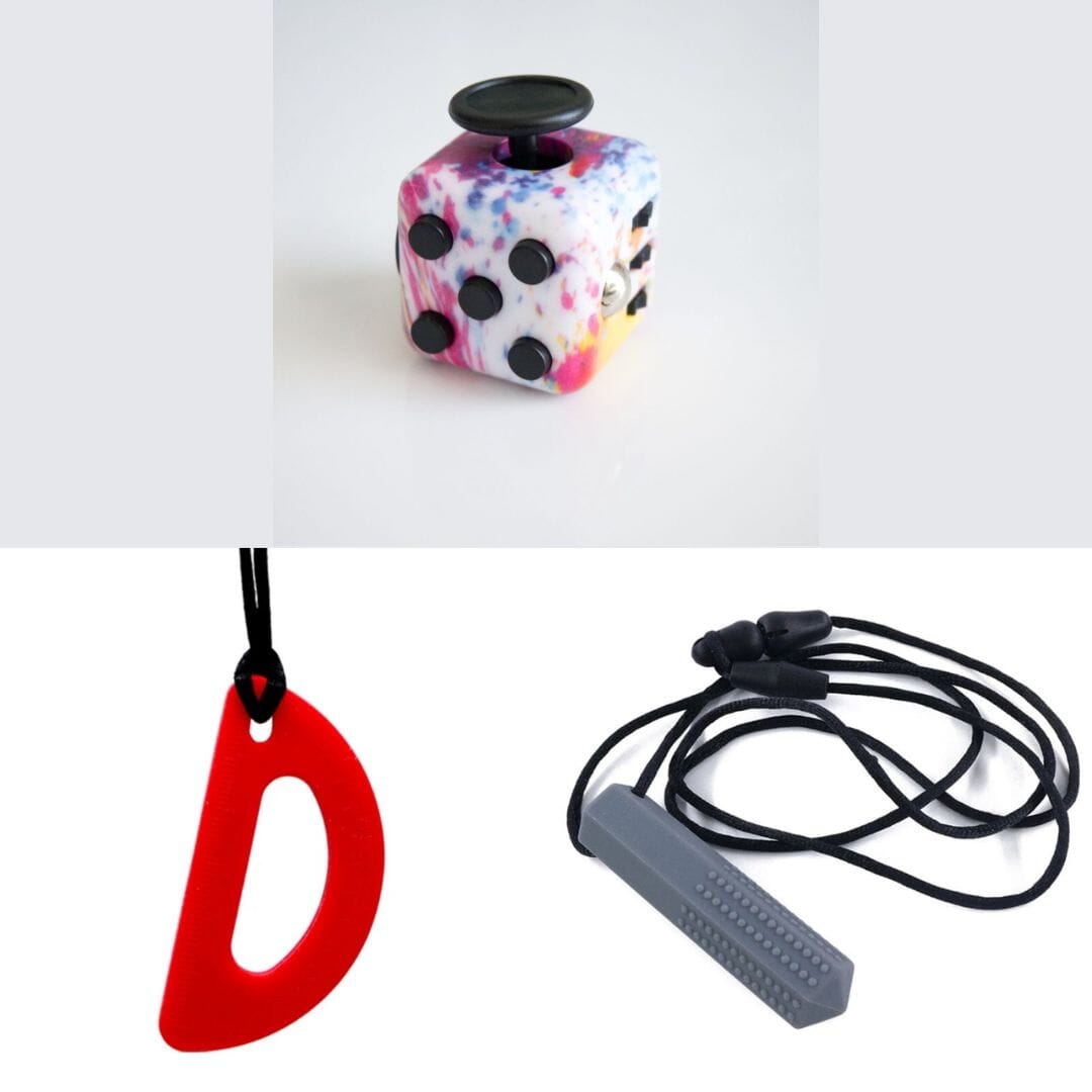 2 Chew Necklaces + 1 Push Button Fidget (choose your colors) Grey Red Paint Splatter