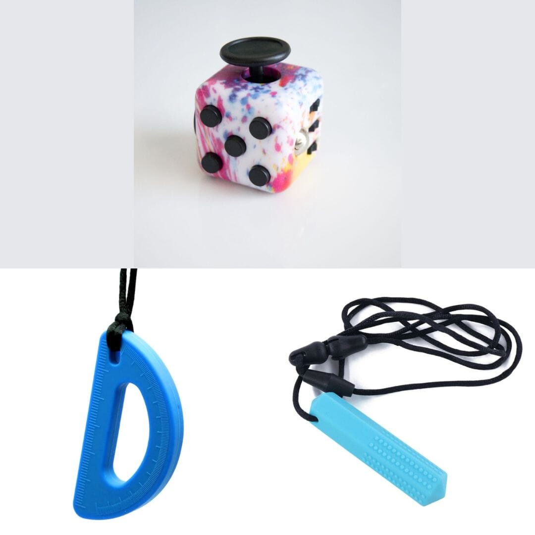 2 Chew Necklaces + 1 Push Button Fidget (choose your colors) Blue Blue Paint Splatter