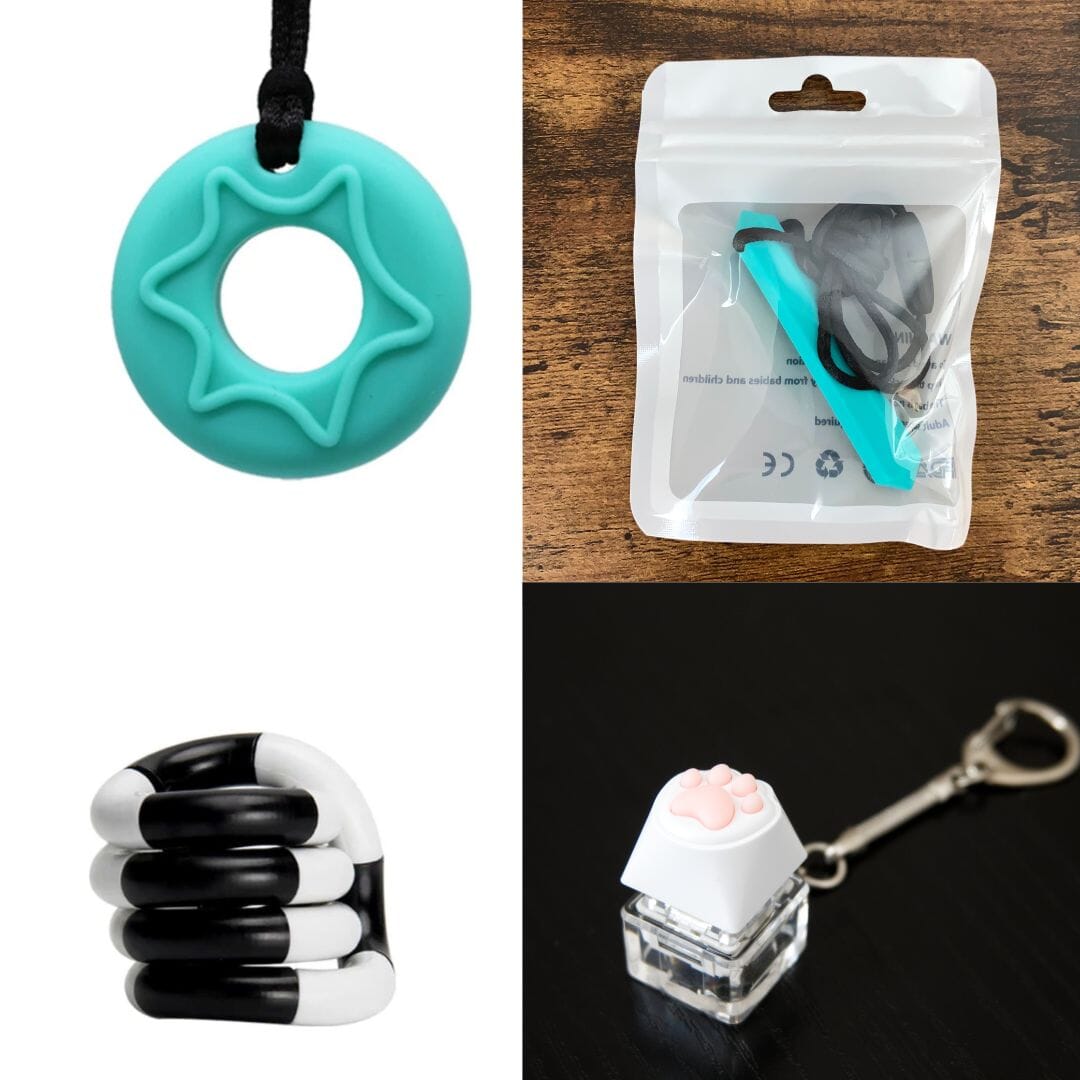 2 Chew Necklaces + 2 Fidget Toys Bundle The Autistic Innovator Aquamarine Turquoise Black and white