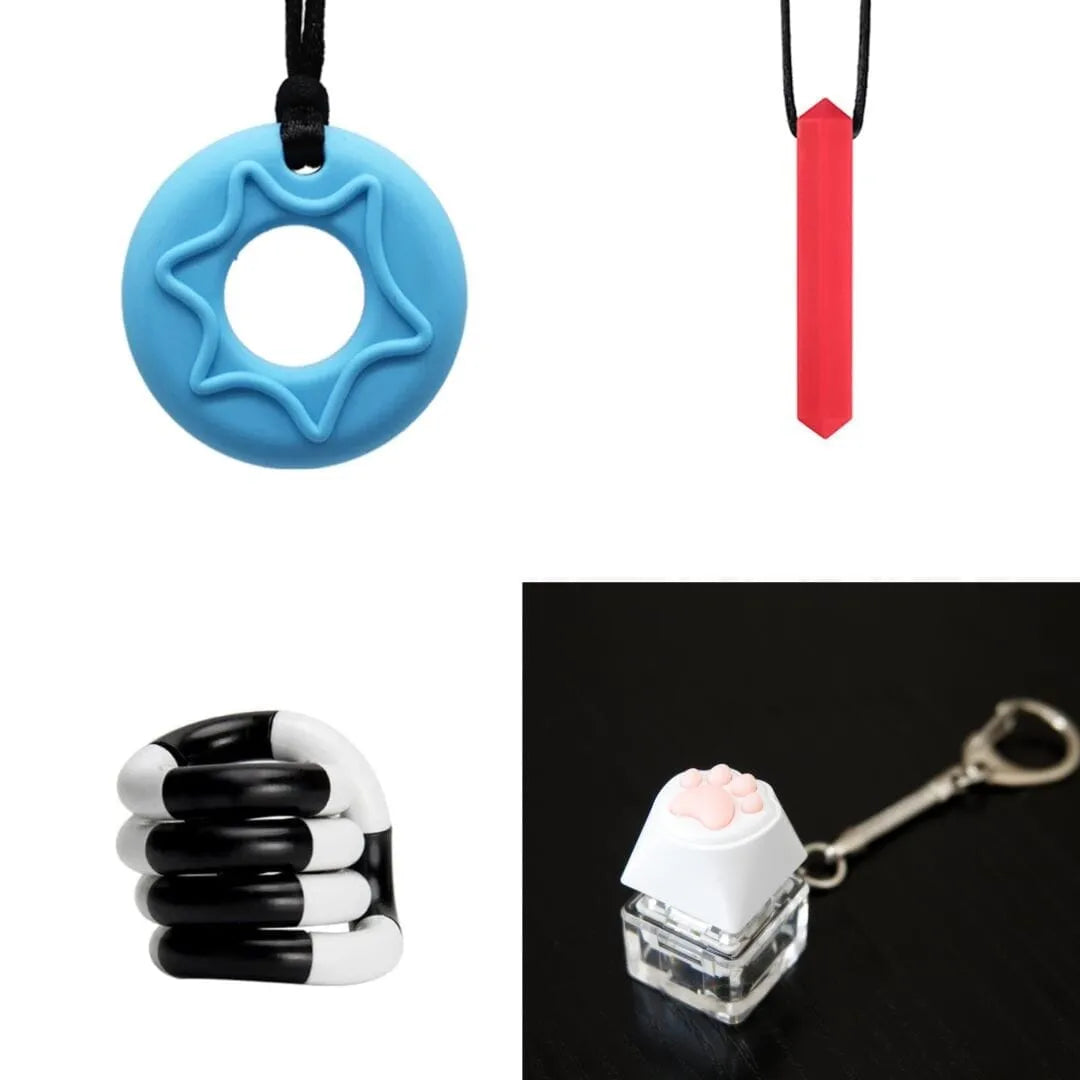 2 Chew Necklaces + 2 Fidget Toys Bundle (choose your colors) Blue Red Black and white
