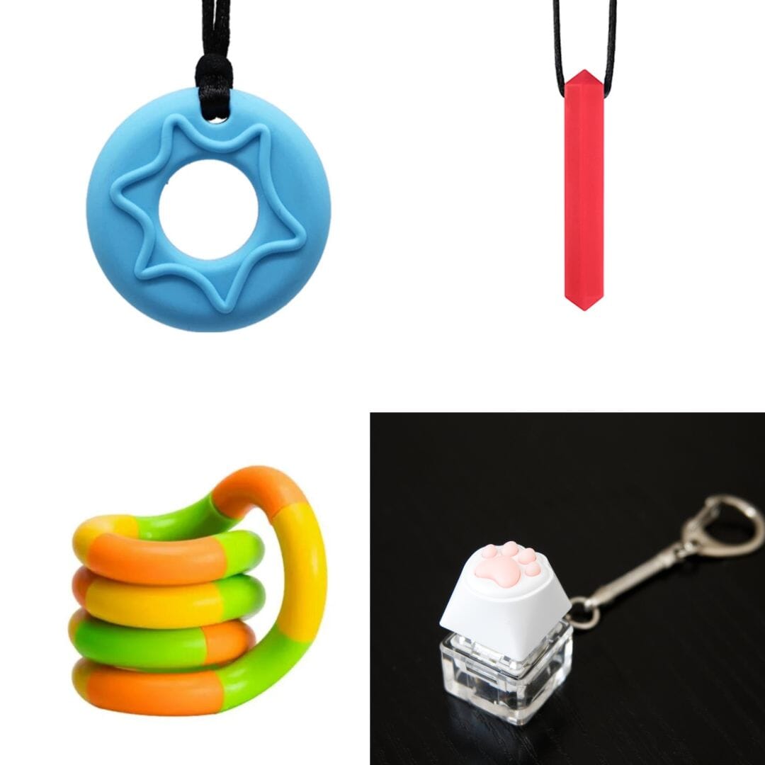 A collage of four items from the "2 Chew Necklaces + 2 Fidget Toys Bundle (choose your colors)." Top left: Blue star-shaped chew pendant. Top right: Red prism-shaped chew necklace. Bottom left: Colorful twisted chew toy in green, yellow, and orange. Bottom right: Paw Keyboard Fidget Keychain with a pink cat paw print on a white keycap.