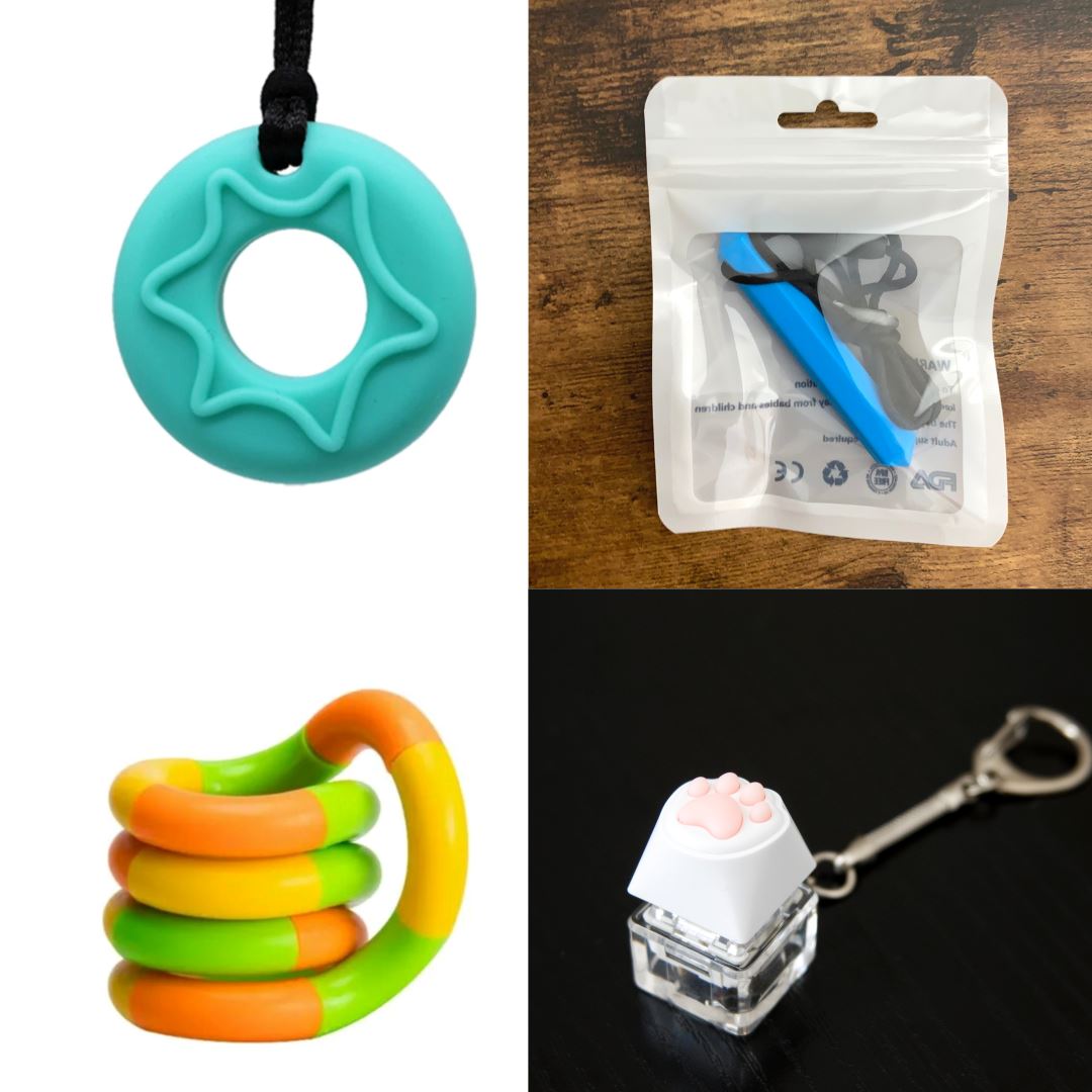 2 Chew Necklaces + 2 Fidget Toys Bundle The Autistic Innovator Aquamarine Blue Green yellow orange