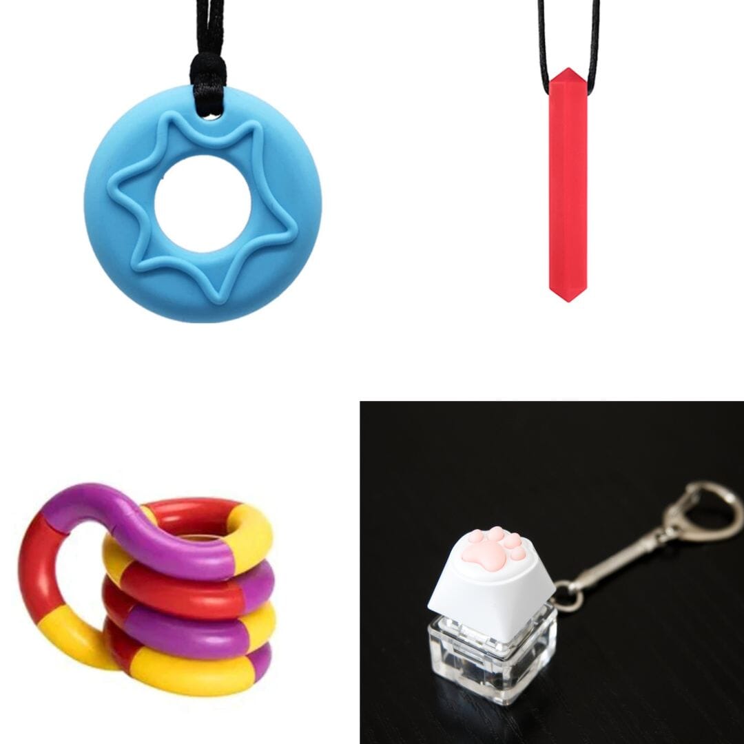 A collage showcases the 2 Chew Necklaces + 2 Fidget Toys Bundle, featuring a blue donut-shaped chew necklace with a star cutout, a red rectangular chew necklace, a colorful spiral ring, and a keychain with a cat paw-shaped charm on a clear cube.