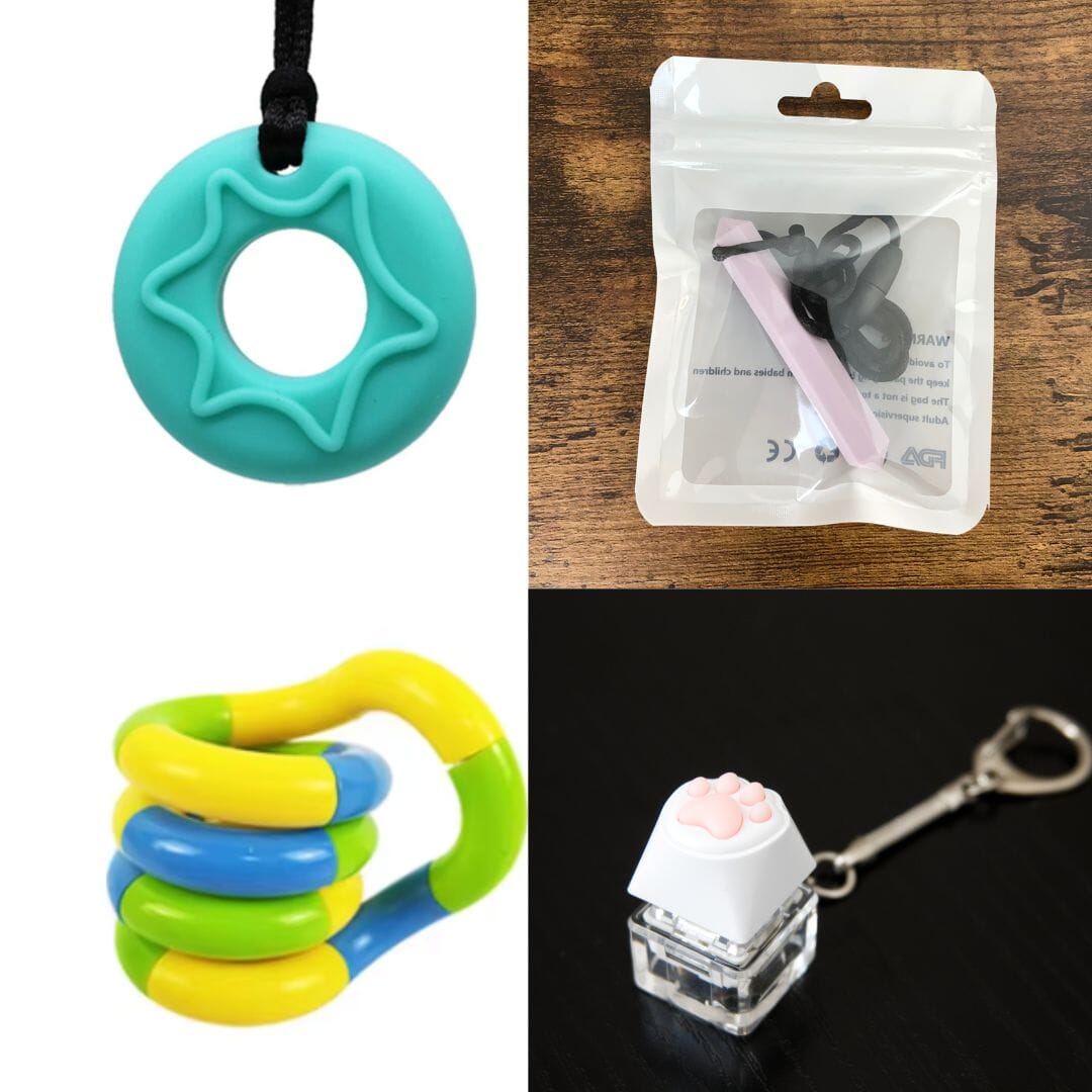 2 Chew Necklaces + 2 Fidget Toys Bundle The Autistic Innovator Aquamarine Light Purple Yellow green blue