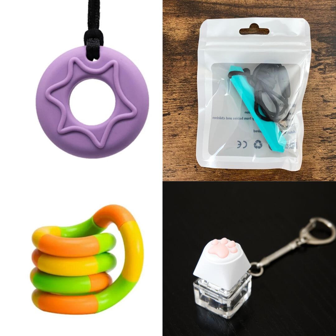 2 Chew Necklaces + 2 Fidget Toys Bundle The Autistic Innovator Purple Turquoise Green yellow orange