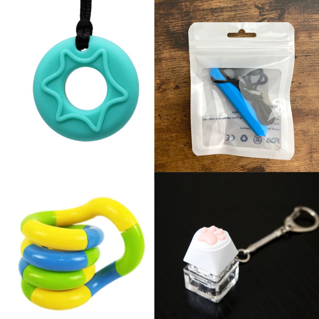 2 Chew Necklaces + 2 Fidget Toys Bundle The Autistic Innovator Aquamarine Blue Yellow green blue