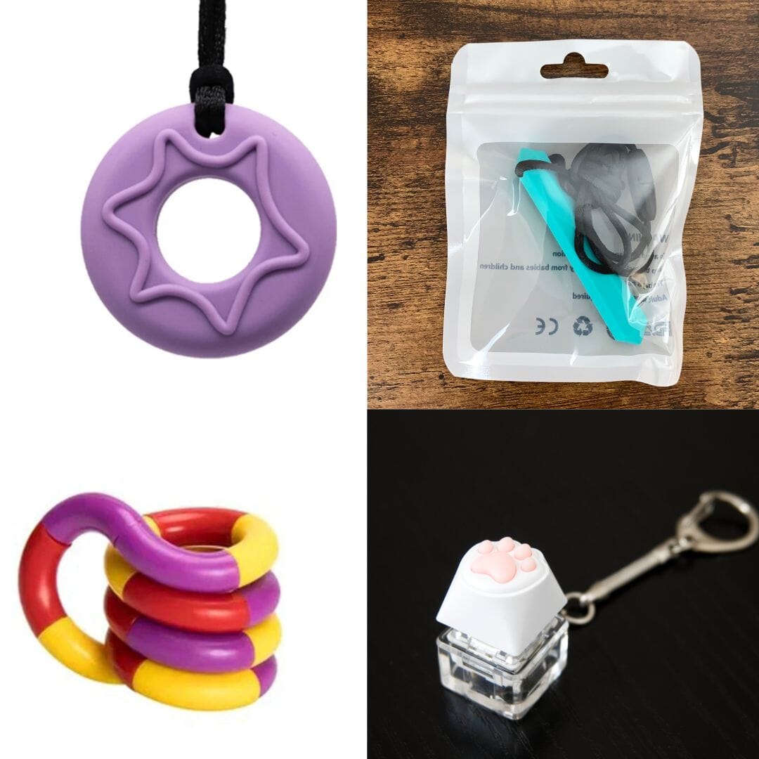 2 Chew Necklaces + 2 Fidget Toys Bundle The Autistic Innovator Purple Turquoise Purple red yellow