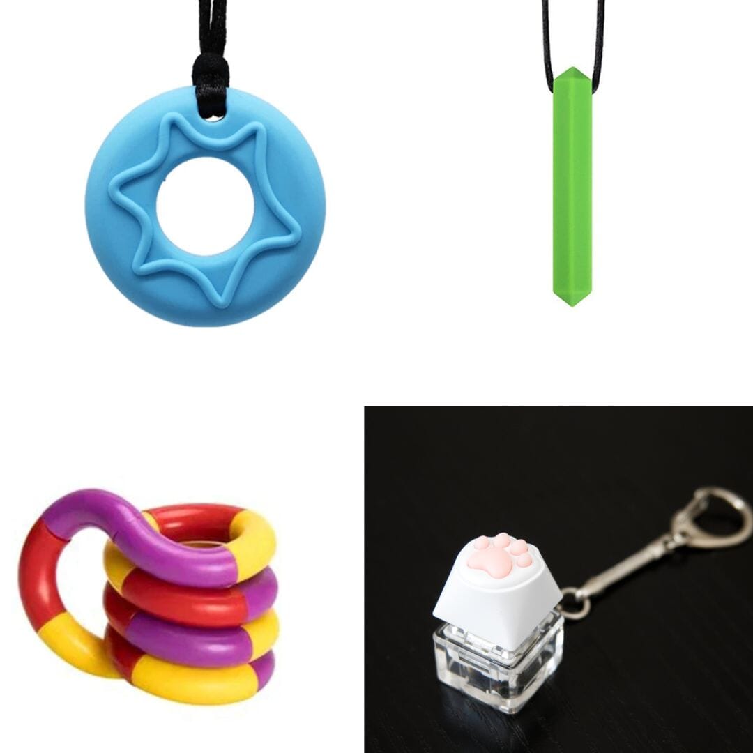 A collage featuring the 2 Chew Necklaces + 2 Fidget Toys Bundle (choose your colors). Top left: a blue star-shaped chew necklace. Top right: a green crystal-shaped chew pendant. Bottom left: a coiled multicolored fidget toy. Bottom right: a paw keyboard fidget keychain with a mechanical key switch and paw print keycap on a keychain.