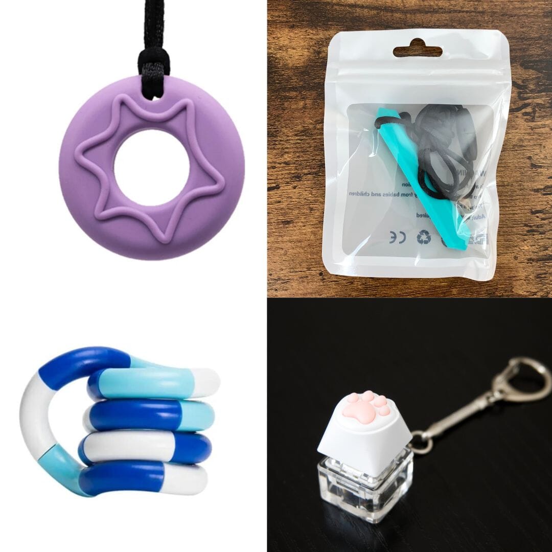 2 Chew Necklaces + 2 Fidget Toys Bundle The Autistic Innovator Purple Turquoise Blue white deep blue