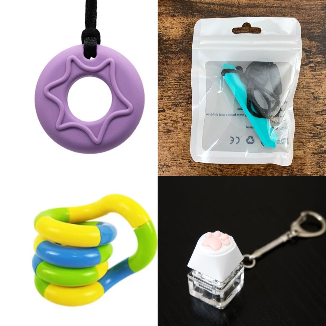 2 Chew Necklaces + 2 Fidget Toys Bundle The Autistic Innovator Purple Turquoise Yellow green blue