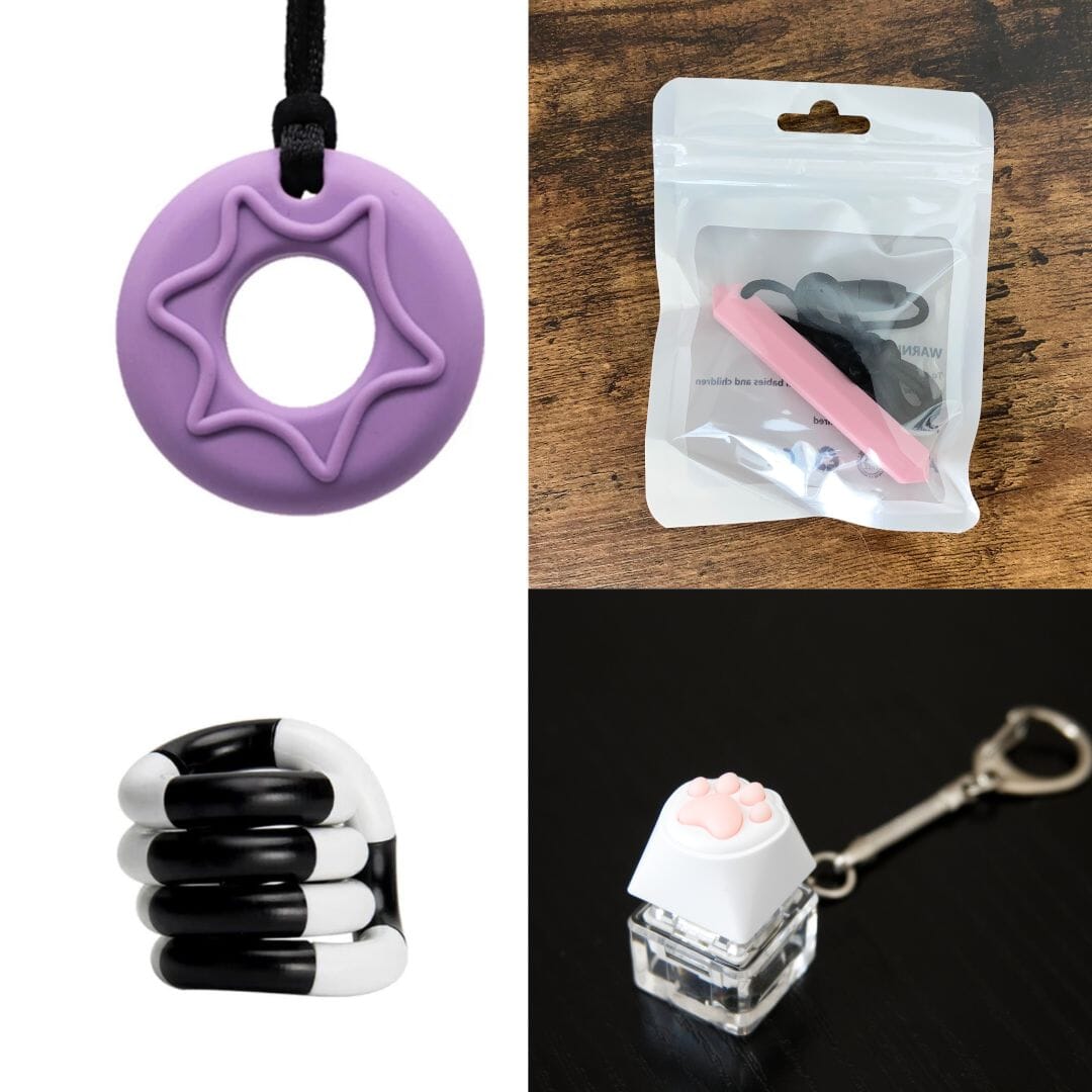 2 Chew Necklaces + 2 Fidget Toys Bundle The Autistic Innovator Purple Pink Black and white