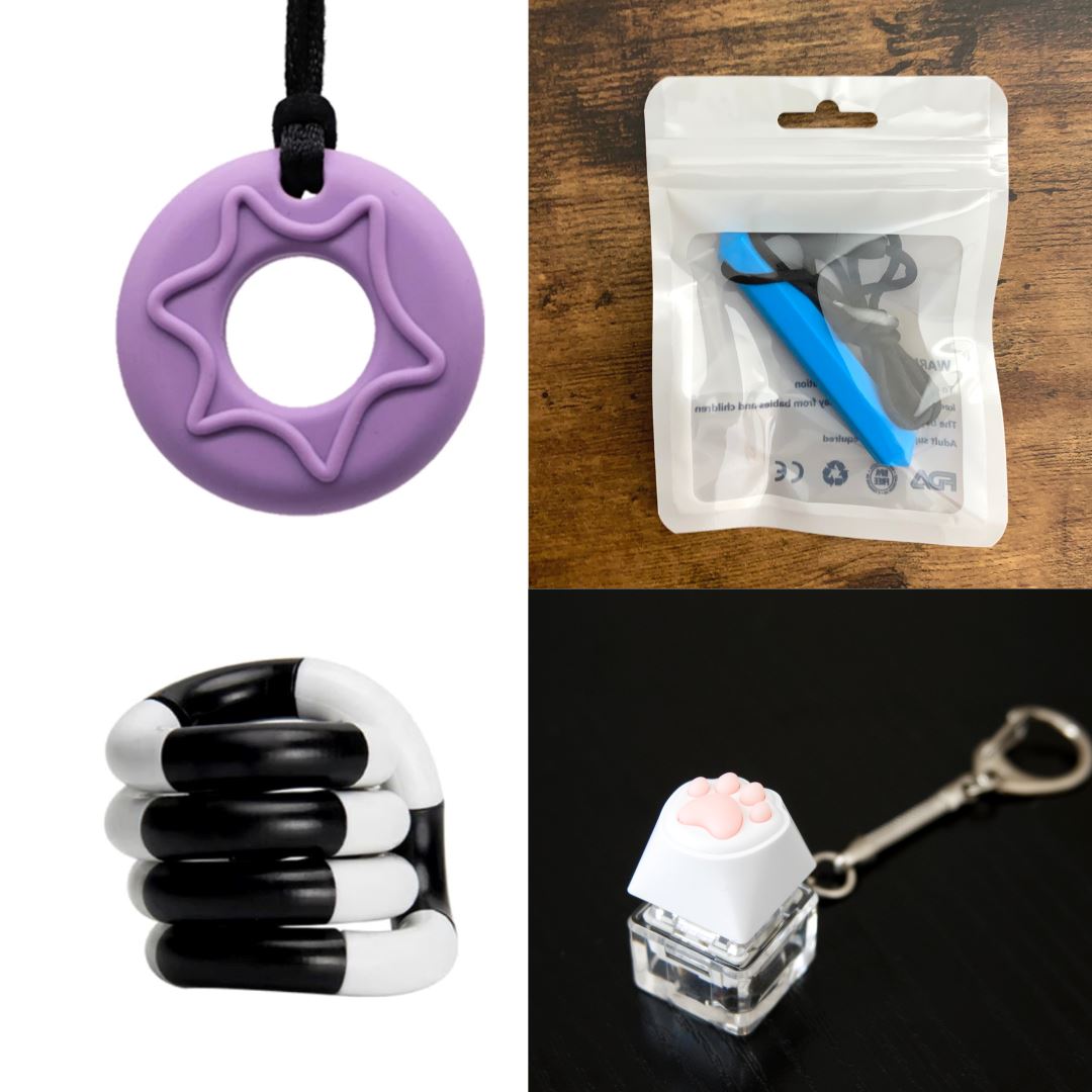 2 Chew Necklaces + 2 Fidget Toys Bundle The Autistic Innovator Purple Blue Black and white