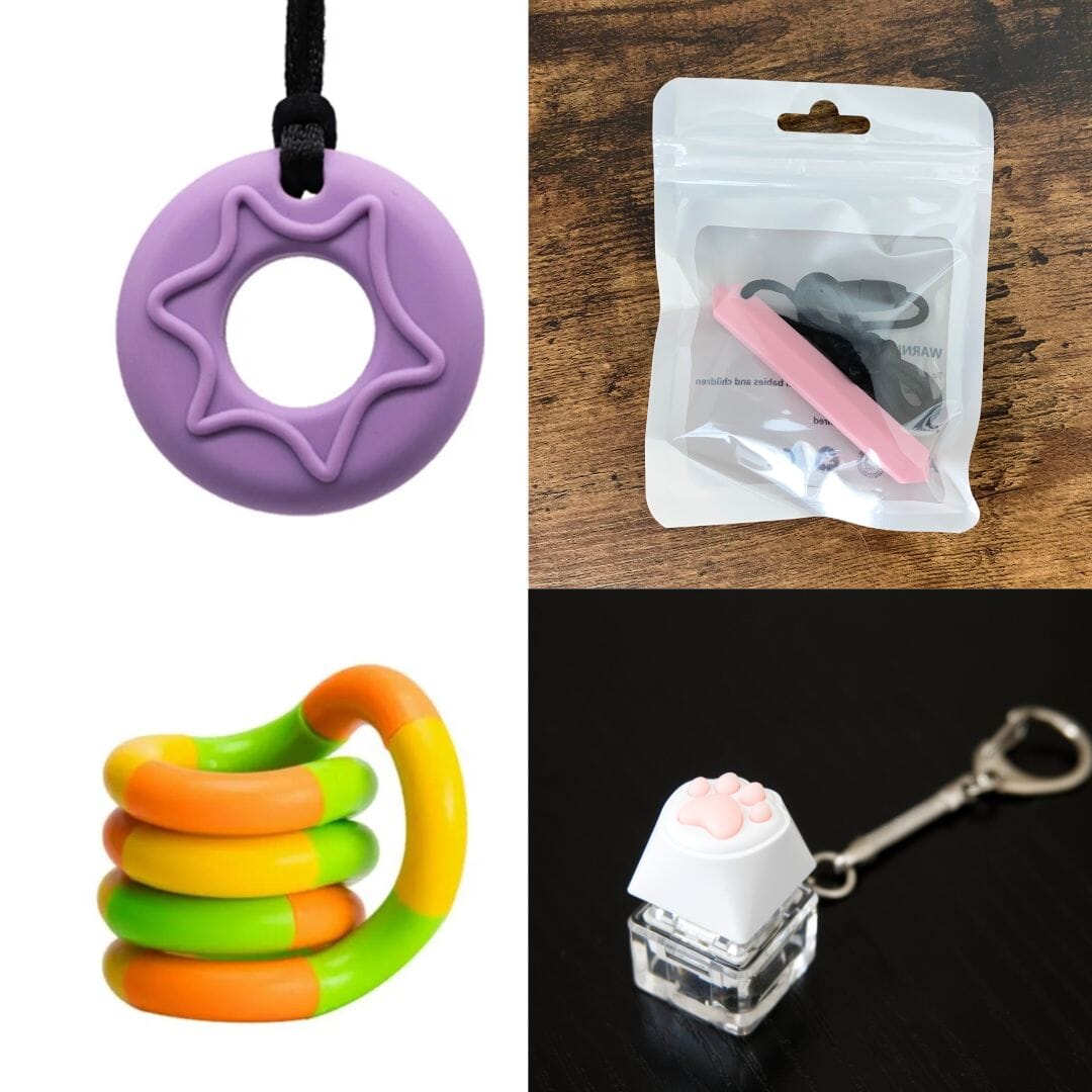 2 Chew Necklaces + 2 Fidget Toys Bundle The Autistic Innovator Purple Pink Green yellow orange