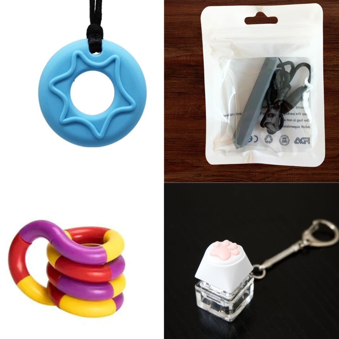 A collage of four items: a star-shaped blue chew necklace, a packaged black teething necklace, a chunky yellow and pink coiled fidget toy, and a white cat paw keycap keychain from the "2 Chew Necklaces + 2 Fidget Toys Bundle (choose your colors).