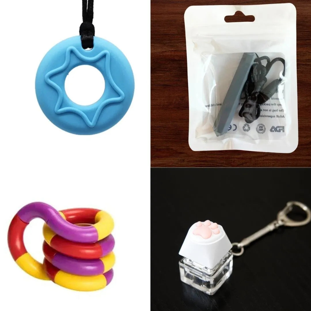 2 Chew Necklaces + 2 Fidget Toys Bundle (choose your colors) Blue Grey Purple red yellow