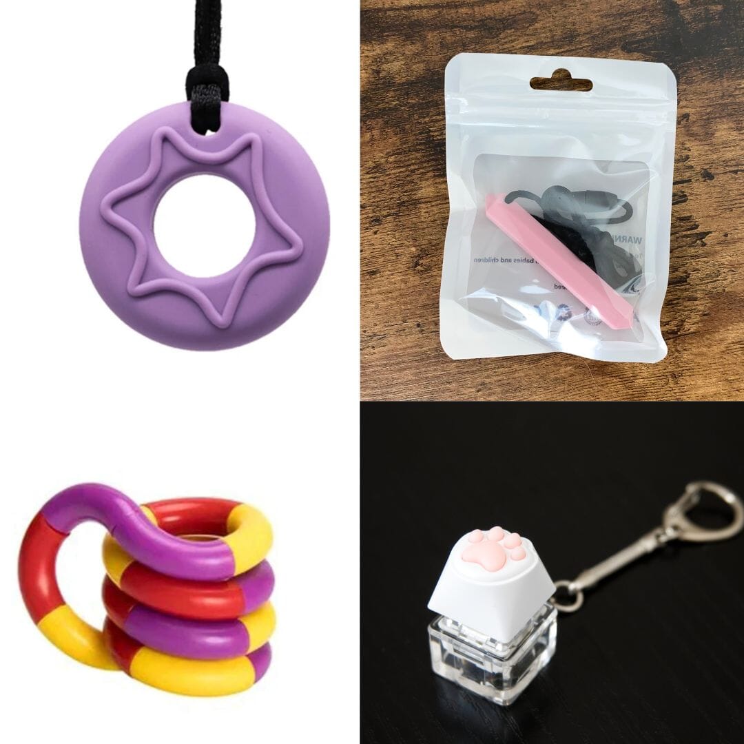 2 Chew Necklaces + 2 Fidget Toys Bundle The Autistic Innovator Purple Pink Purple red yellow