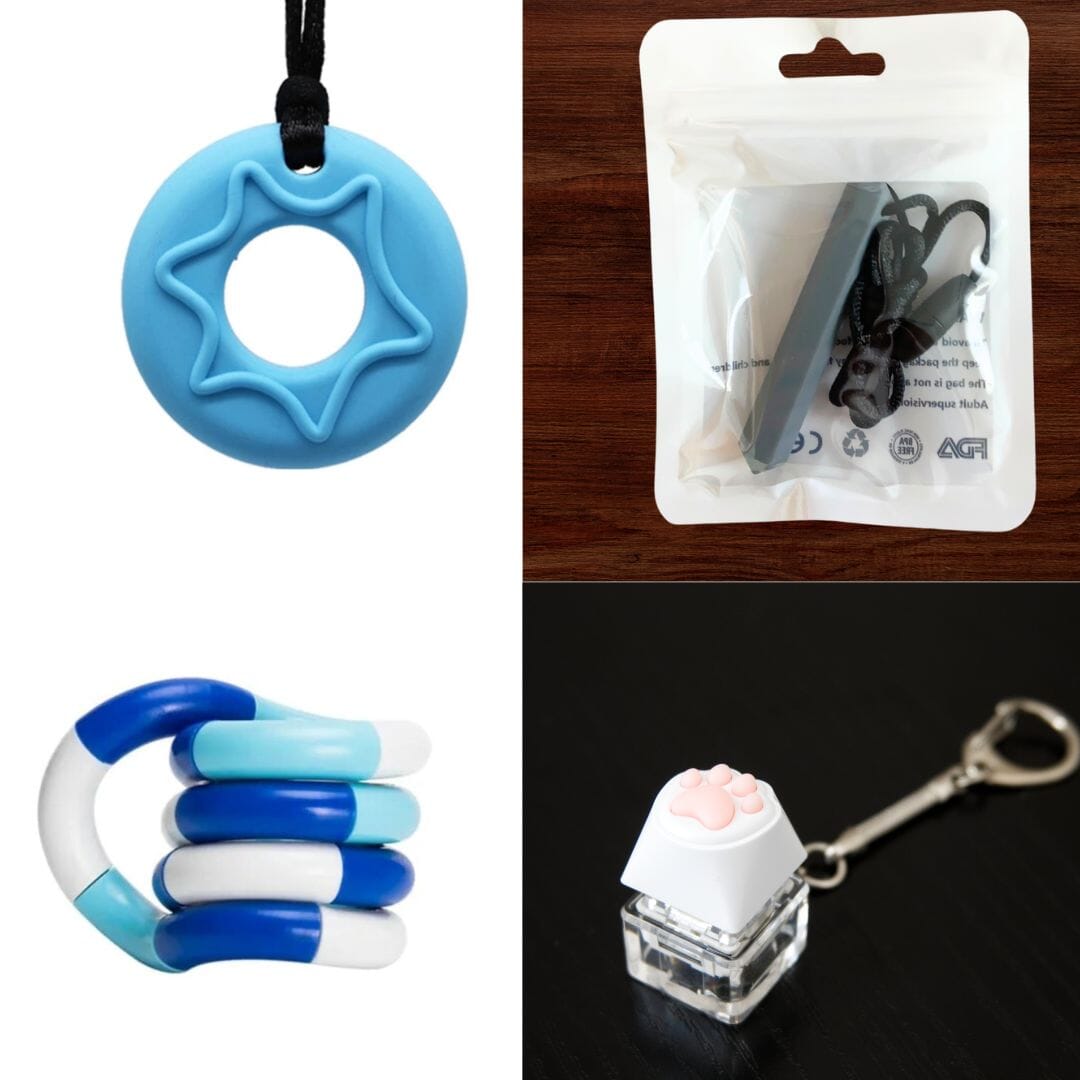 A collage of four items from the "2 Chew Necklaces + 2 Fidget Toys Bundle (choose your colors)": a blue star-shaped chew necklace on a black cord, a black and white chew tube in a plastic bag with a hanging hole, a blue and white twisty fidget toy, and a white and pink paw keyboard fidget keychain.