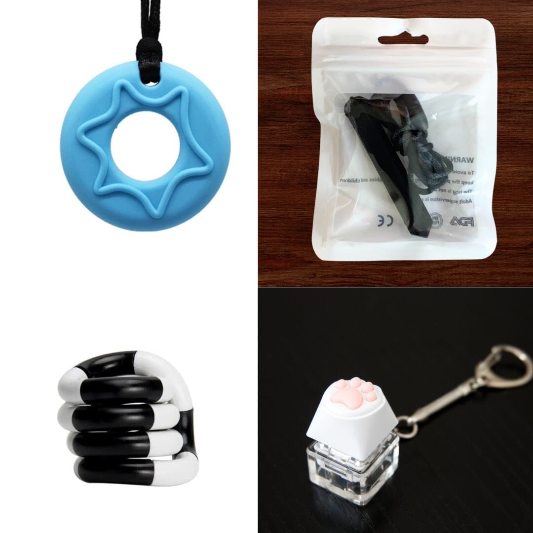 A collage of four blue and black sensory toys from the 2 Chew Necklaces + 2 Fidget Toys Bundle: a blue star-shaped chew necklace, a black and white fidget toy in a sealed bag, a coiled black and white toy, and a cat paw keychain with a white base on a keyring.