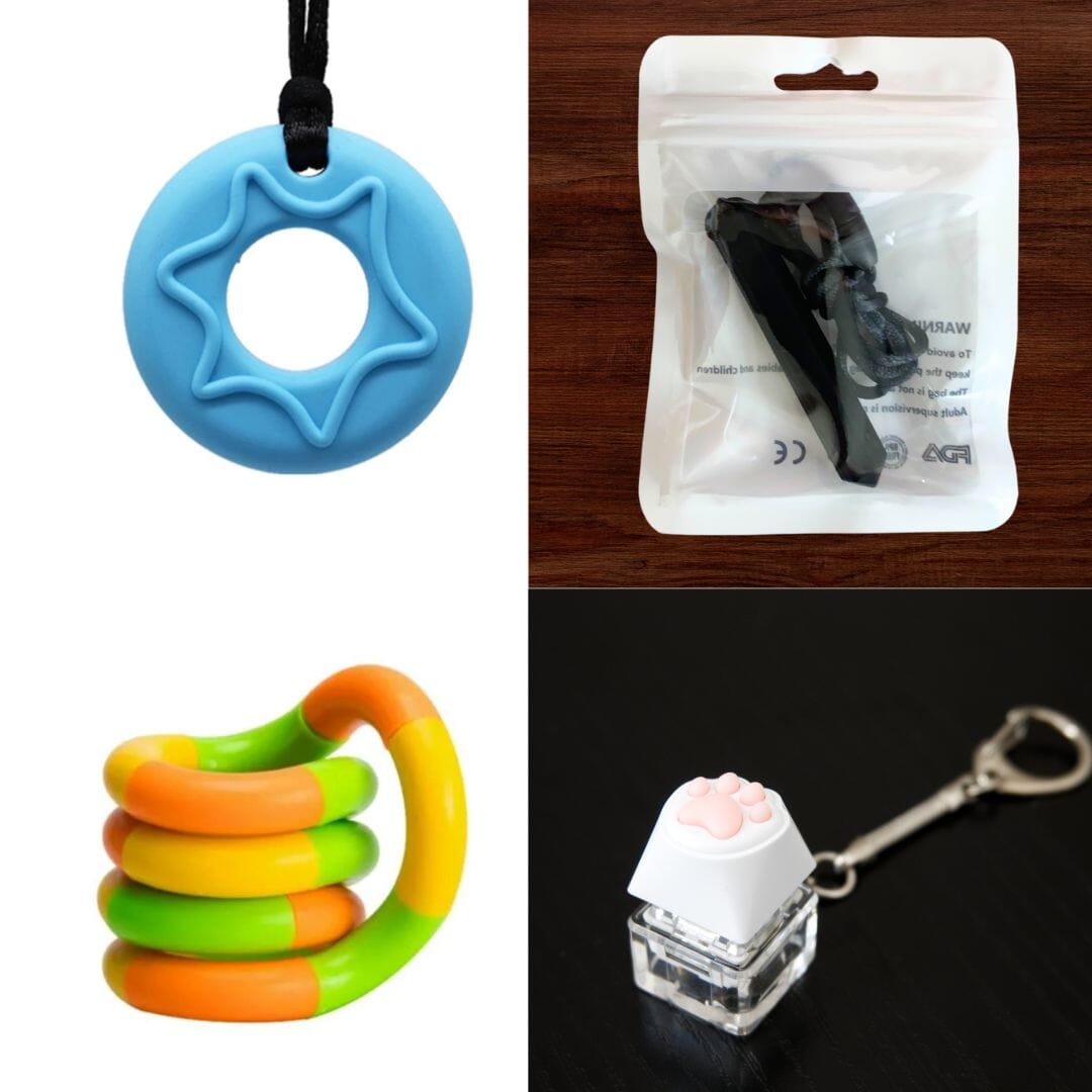 A collage of four sensory toys: a blue chewable pendant with a star design, a packet with a black wristband inside, an orange and green interlocking plastic chain, and a Paw Keyboard Fidget Keychain featuring a white square attached to a pink paw print button is available in the 2 Chew Necklaces + 2 Fidget Toys Bundle (choose your colors).