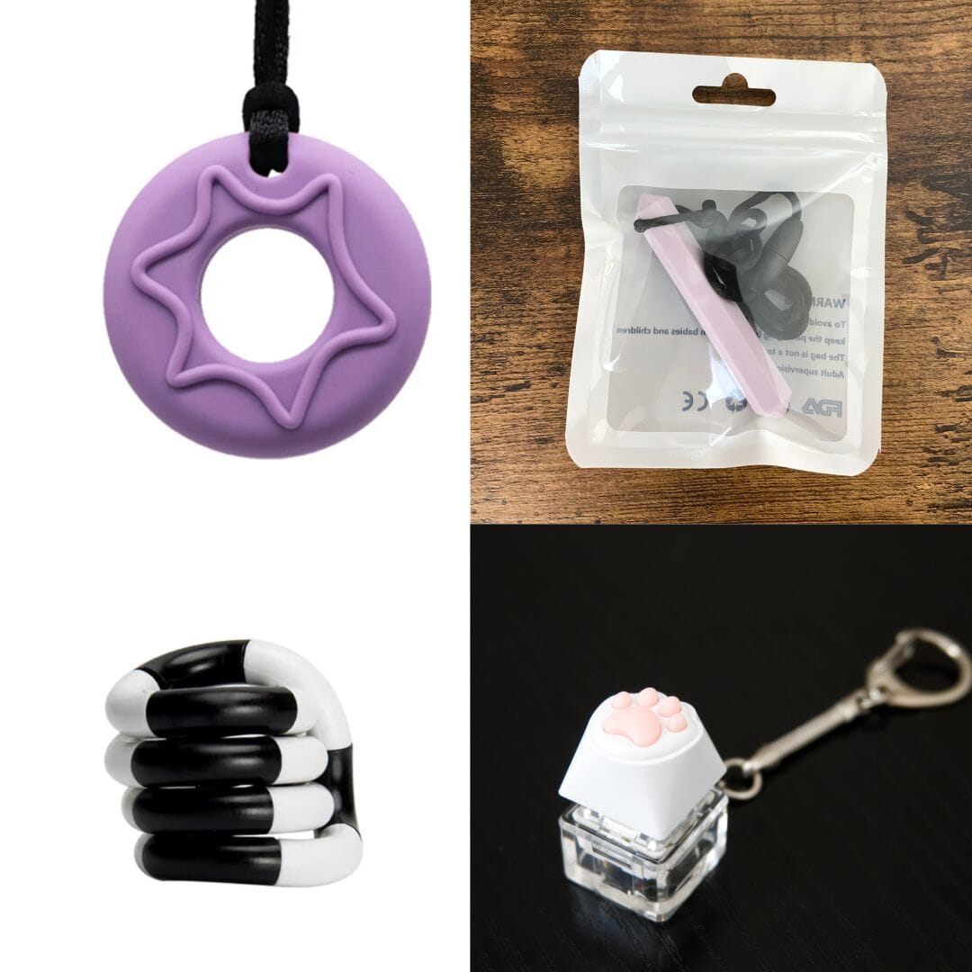 2 Chew Necklaces + 2 Fidget Toys Bundle The Autistic Innovator Purple Light Purple Black and white