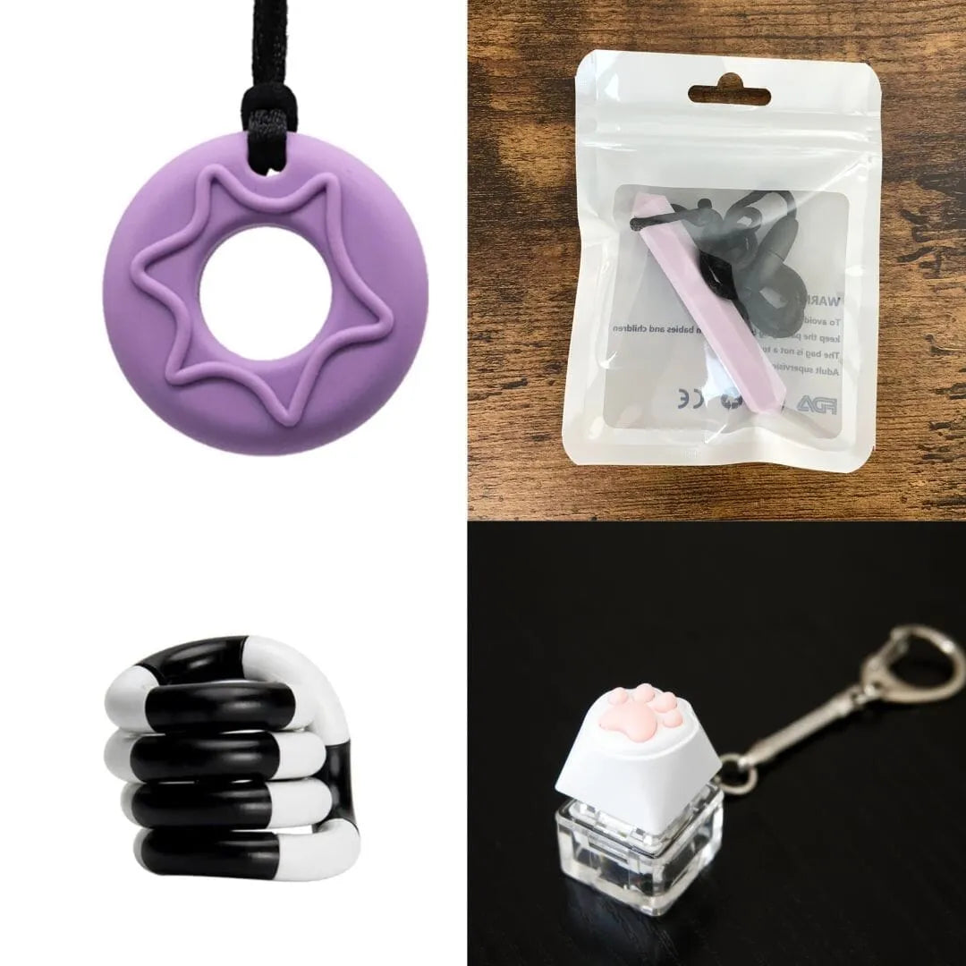 2 Chew Necklaces + 2 Fidget Toys Bundle (choose your colors) Purple Light Purple Black and white