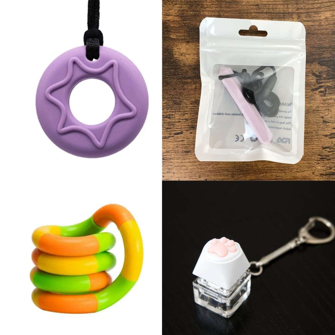 2 Chew Necklaces + 2 Fidget Toys Bundle The Autistic Innovator Purple Light Purple Green yellow orange