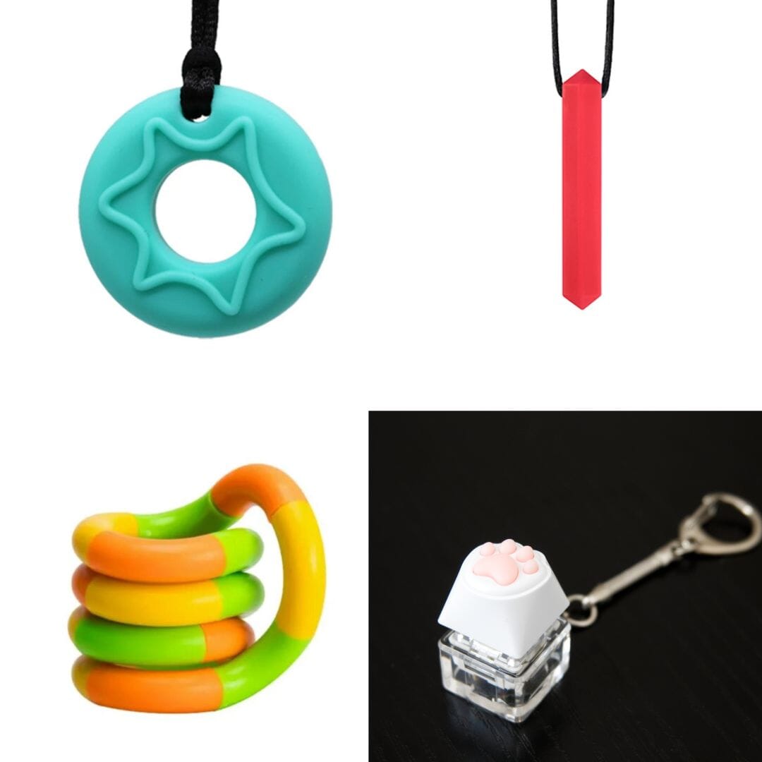 A collage of four items from the "2 Chew Necklaces + 2 Fidget Toys Bundle (choose your colors)" is displayed. The top left features a turquoise, flower-shaped chewable pendant, perfect for those who prefer chew necklaces. The top right showcases a red, hexagonal chewable pendant. In the bottom left, there is a multicolored coiled sensory toy, and in the bottom right, you'll find a paw keyboard fidget keychain with a soft paw button.