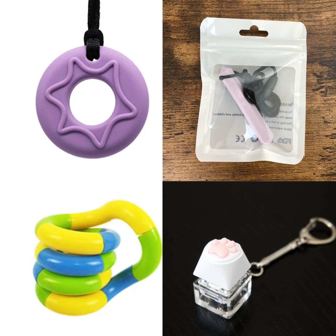 2 Chew Necklaces + 2 Fidget Toys Bundle The Autistic Innovator Purple Light Purple Yellow green blue