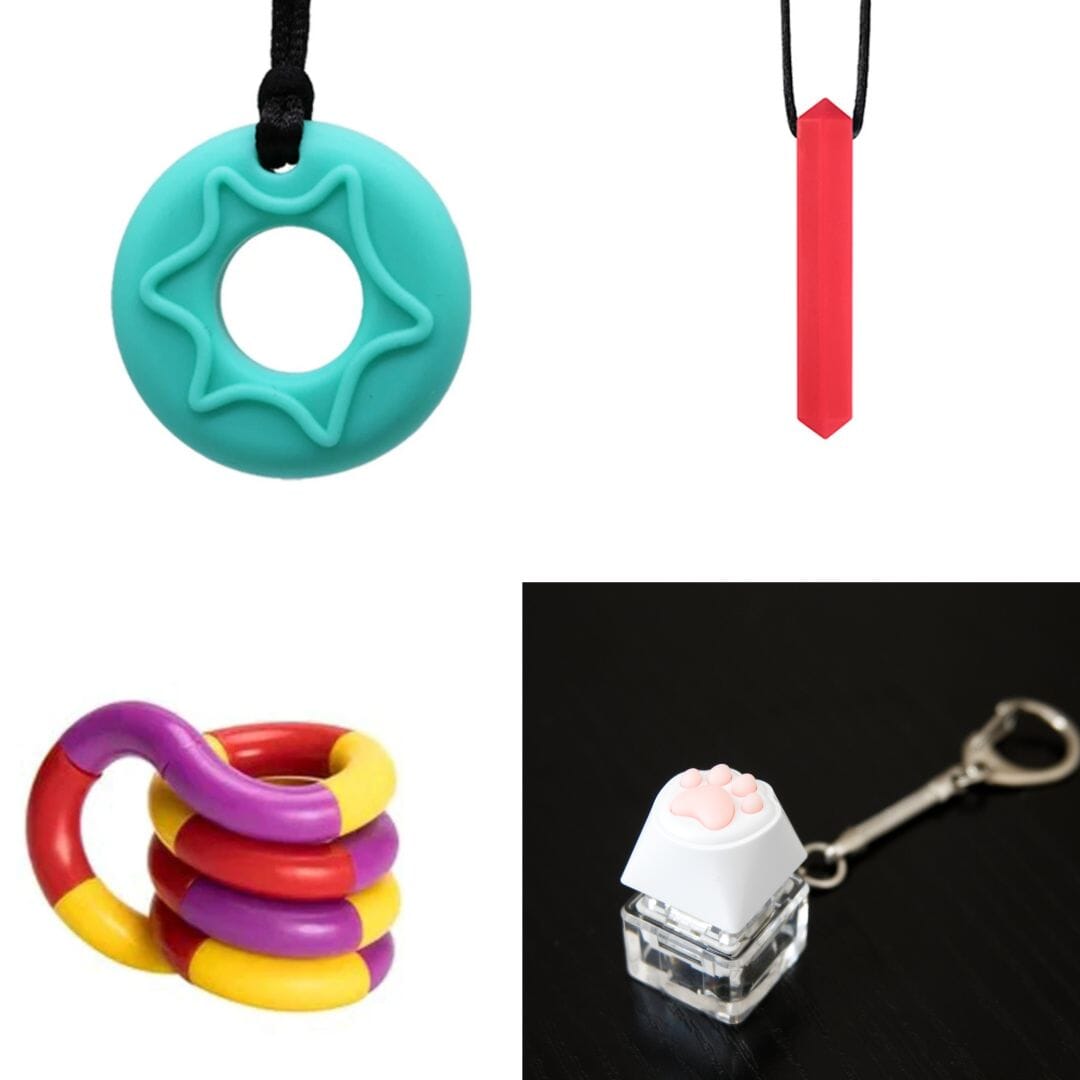 A collage showcasing the "2 Chew Necklaces + 2 Fidget Toys Bundle (choose your colors)" features a teal chewable star-shaped pendant, a red chewable bar pendant, a spiral red and yellow fidget toy, and a paw keyboard fidget keychain with a white animal paw keycap on a square switch.