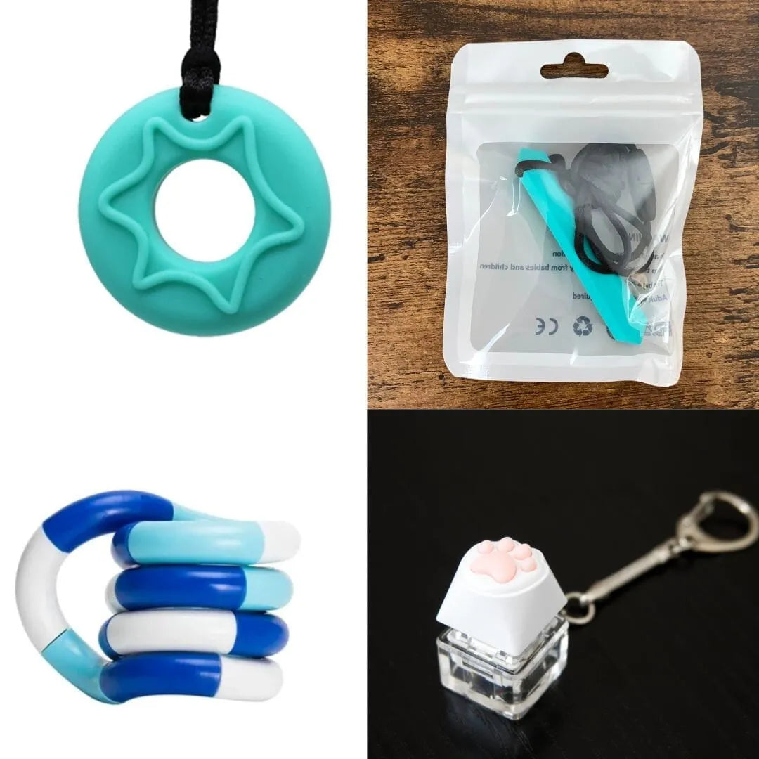 2 Chew Necklaces + 2 Fidget Toys Bundle (choose your colors) Aquamarine Turquoise Blue white deep blue