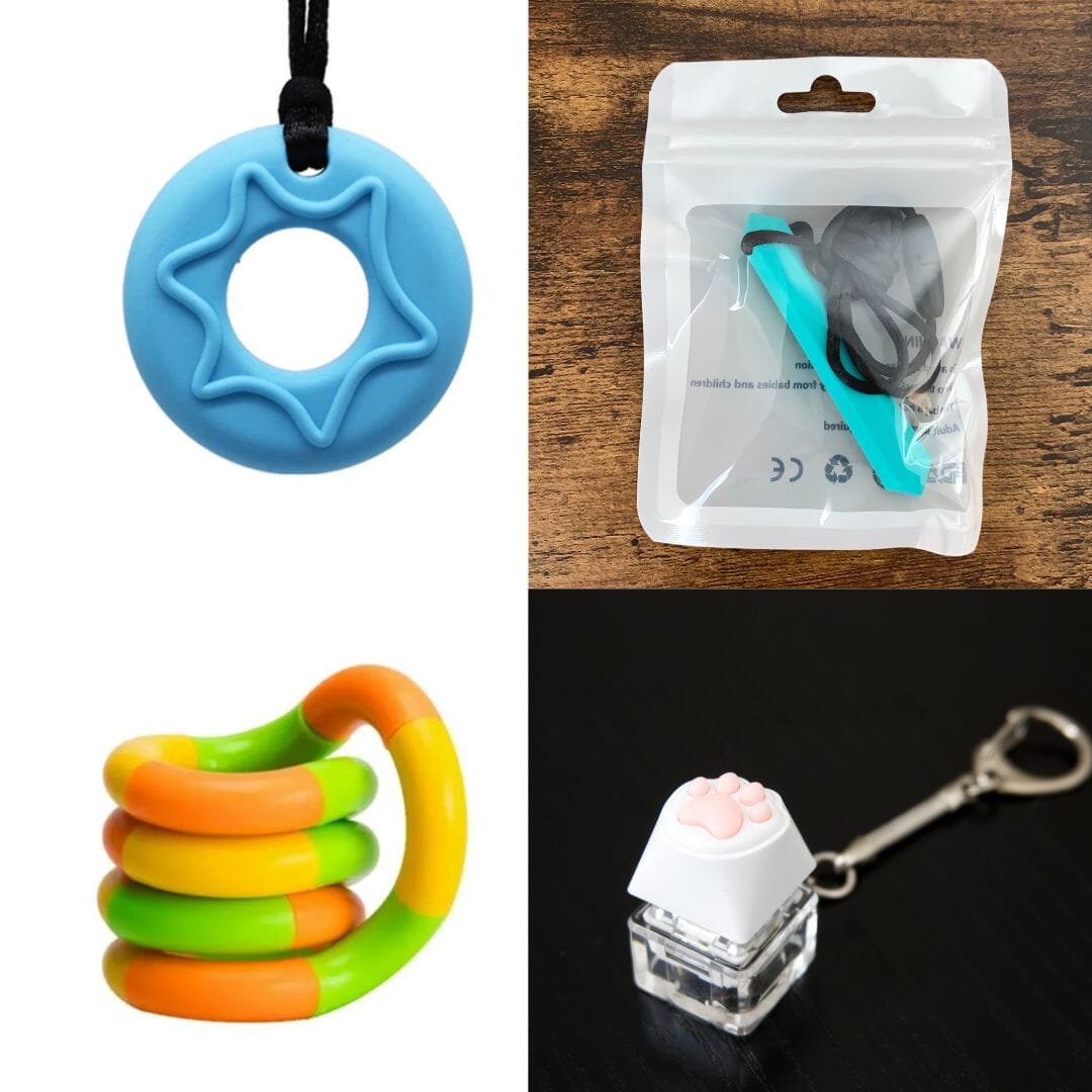 2 Chew Necklaces + 2 Fidget Toys Bundle The Autistic Innovator Blue Turquoise Green yellow orange