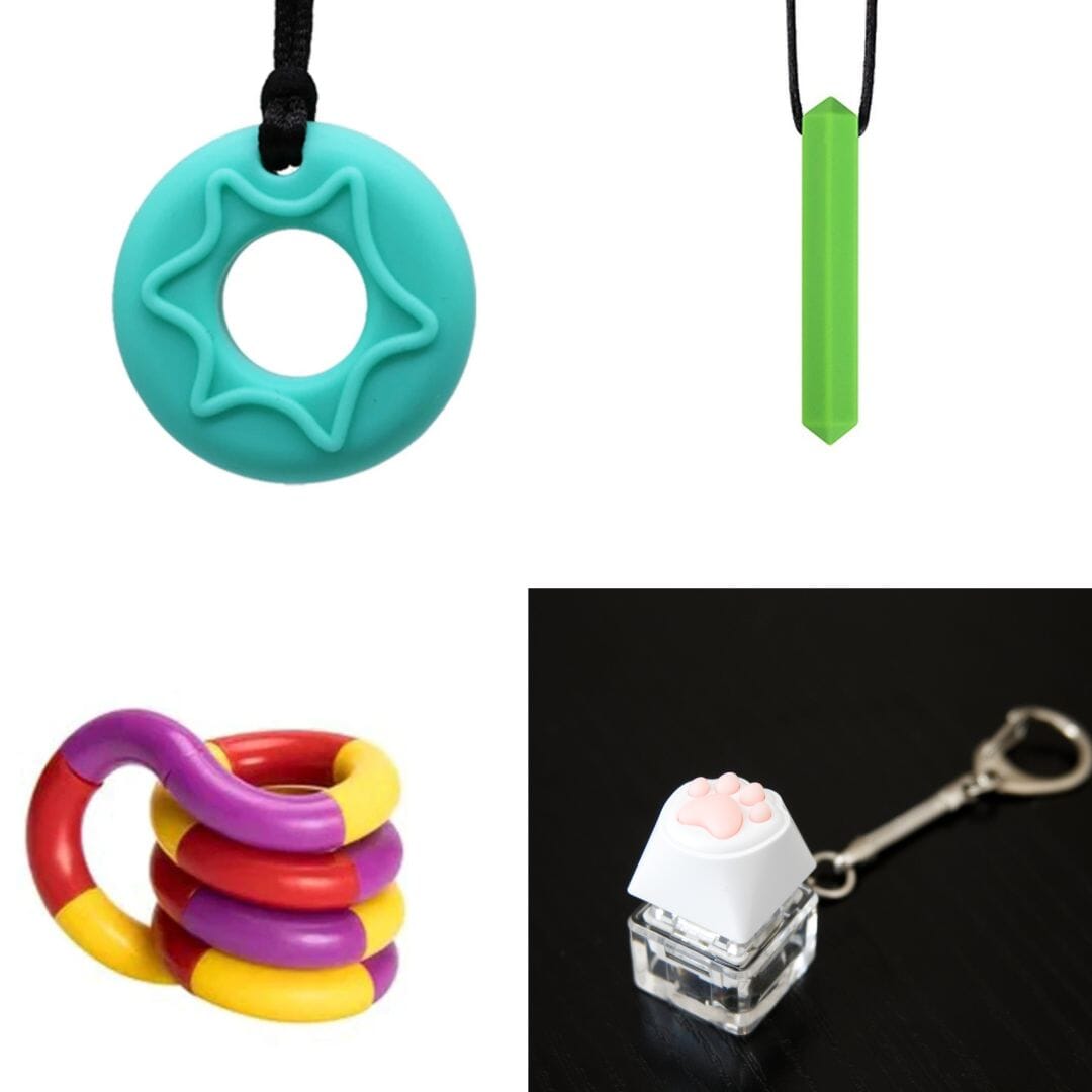 A collage of four items: a teal star-designed donut-shaped chew pendant, a green crystal-shaped chew pendant, a coil of red, yellow, and purple fidget rings, and a keychain with a white keycap featuring a pink paw print—all part of the 2 Chew Necklaces + 2 Fidget Toys Bundle (choose your colors).