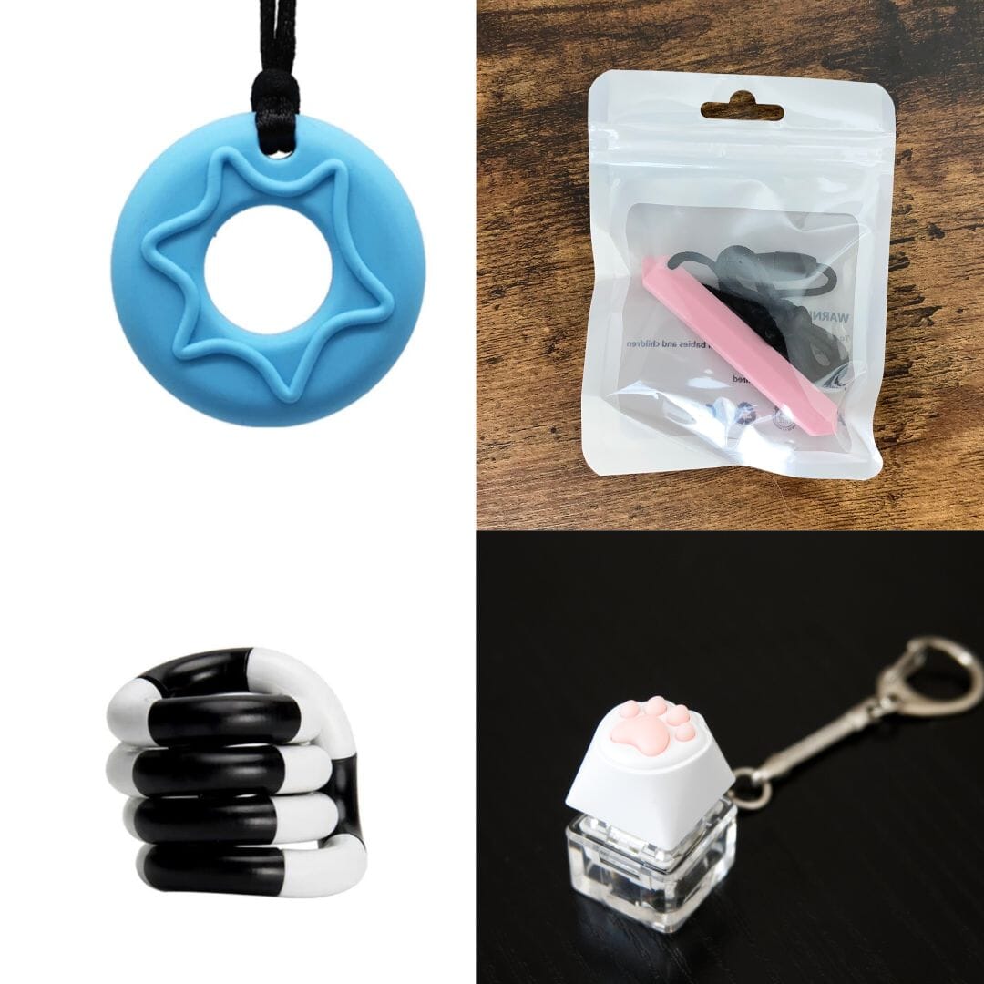 2 Chew Necklaces + 2 Fidget Toys Bundle The Autistic Innovator Blue Pink Black and white