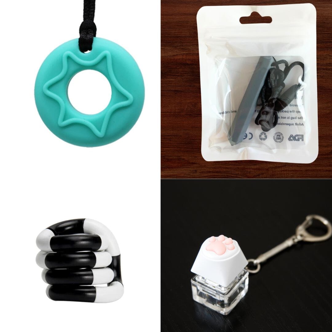 A collage of four items from the 2 Chew Necklaces + 2 Fidget Toys Bundle (choose your colors): a teal star-shaped chew necklace on a black cord, a black and white chewable coil, a white keycap with a pink paw print on a keychain, and the teal pendant displayed in its packaging. The background features wooden and white elements, highlighting an array of fidget toys.