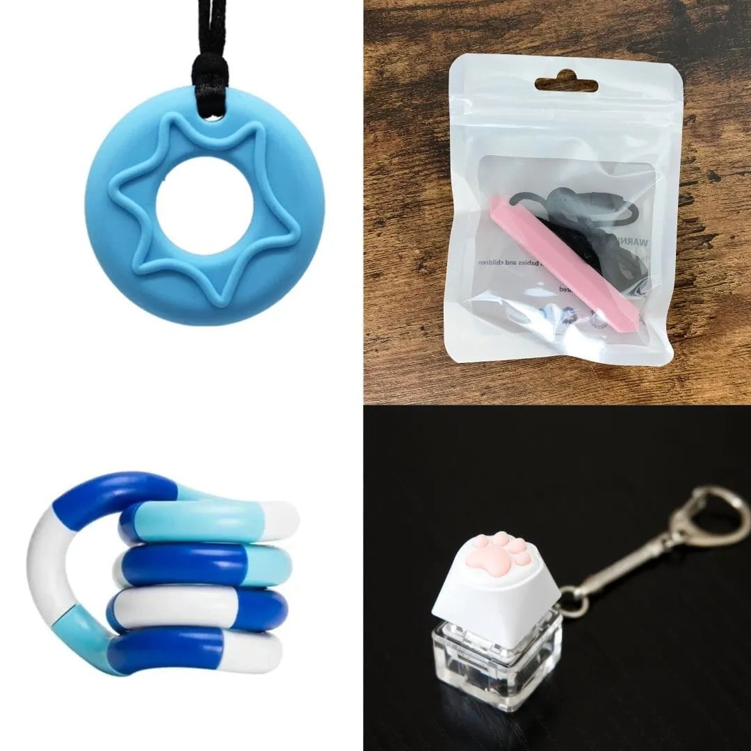 2 Chew Necklaces + 2 Fidget Toys Bundle (choose your colors) Blue Pink Blue white deep blue
