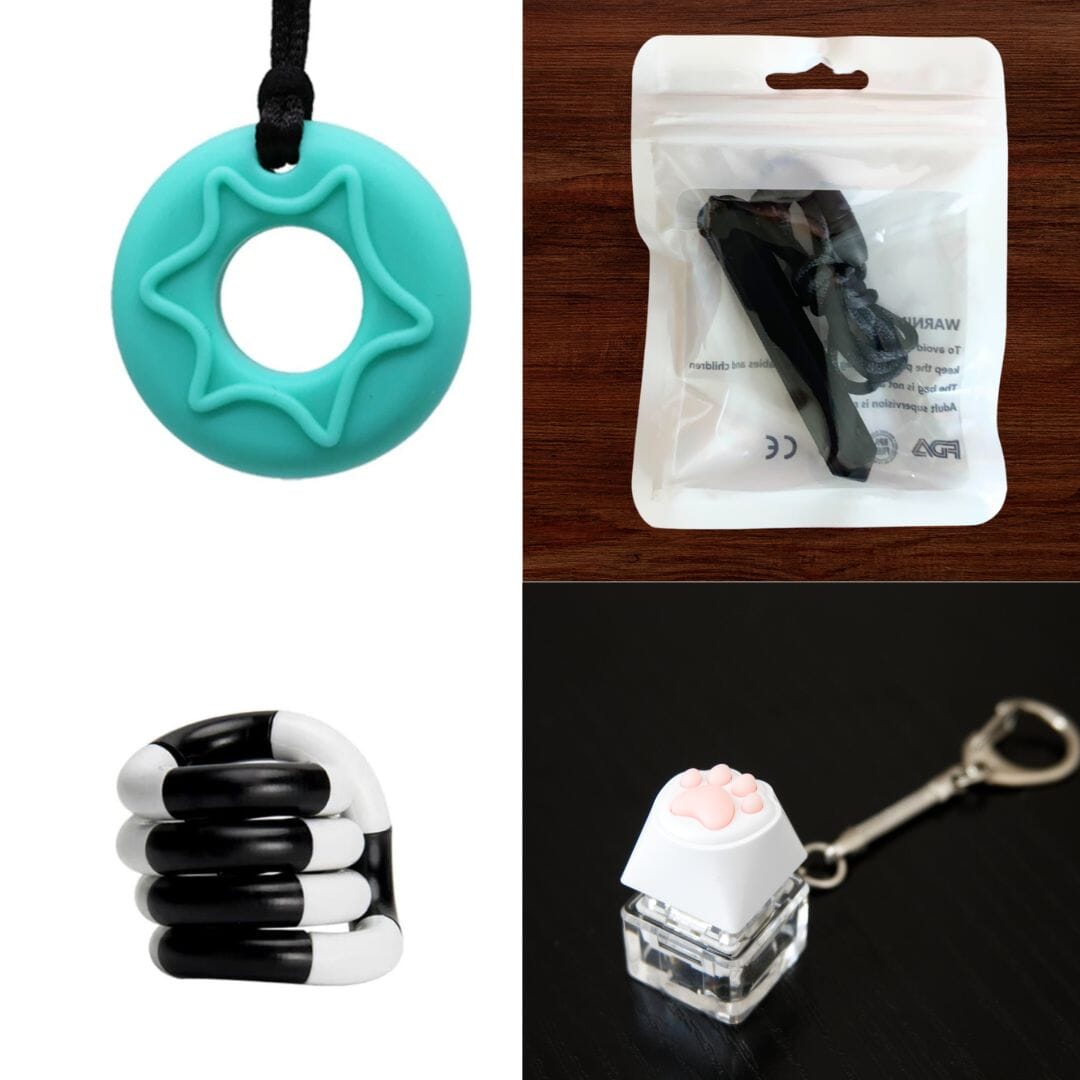 Discover the 2 Chew Necklaces + 2 Fidget Toys Bundle, featuring a teal star-shaped pendant on a black cord, a bag with a surprise item inside, a black and white spiral coiled fidget toy, and a Paw Keyboard Fidget Keychain showcasing an adorable small white and pink paw-like figure resting on a transparent cube.