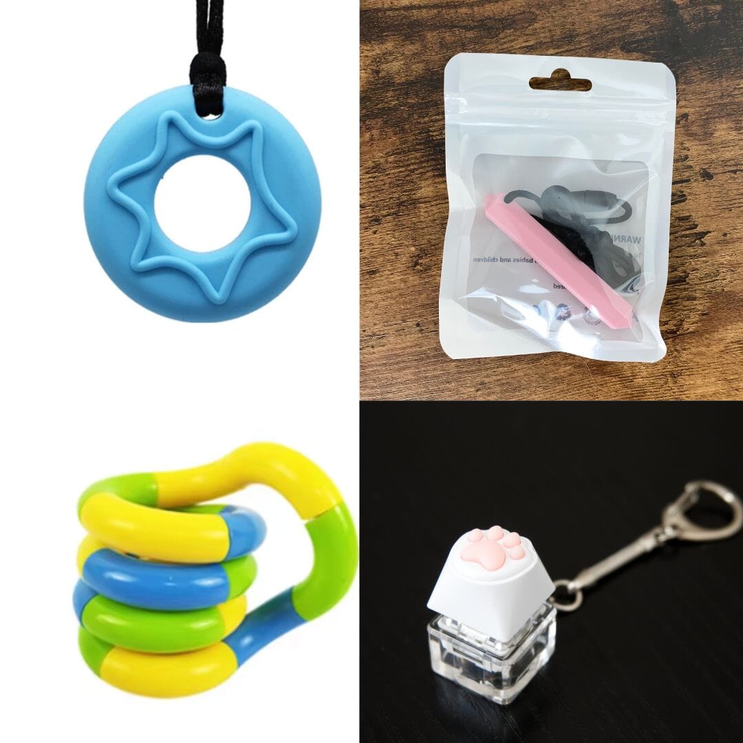 2 Chew Necklaces + 2 Fidget Toys Bundle The Autistic Innovator Blue Pink Yellow green blue