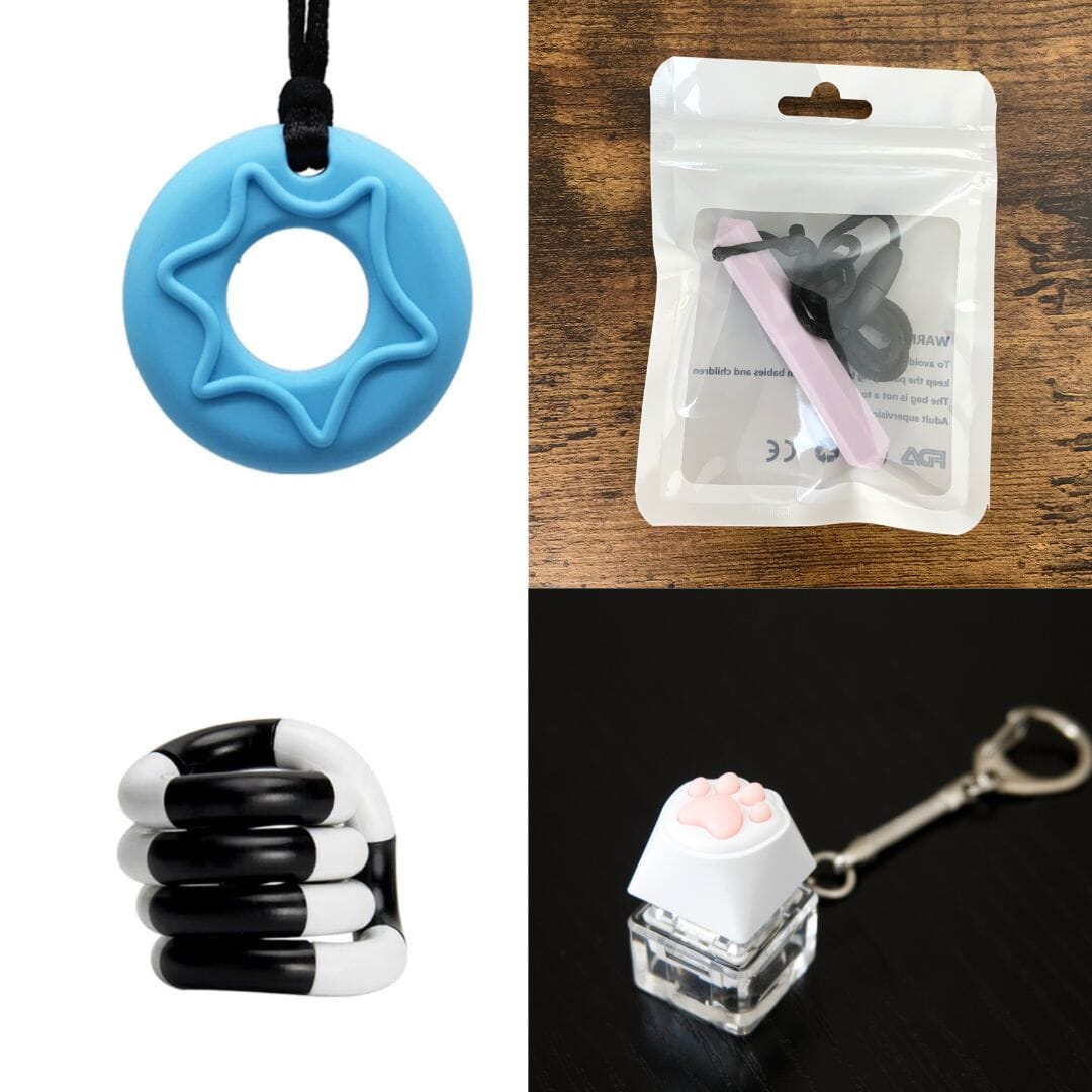 2 Chew Necklaces + 2 Fidget Toys Bundle The Autistic Innovator Blue Light Purple Black and white