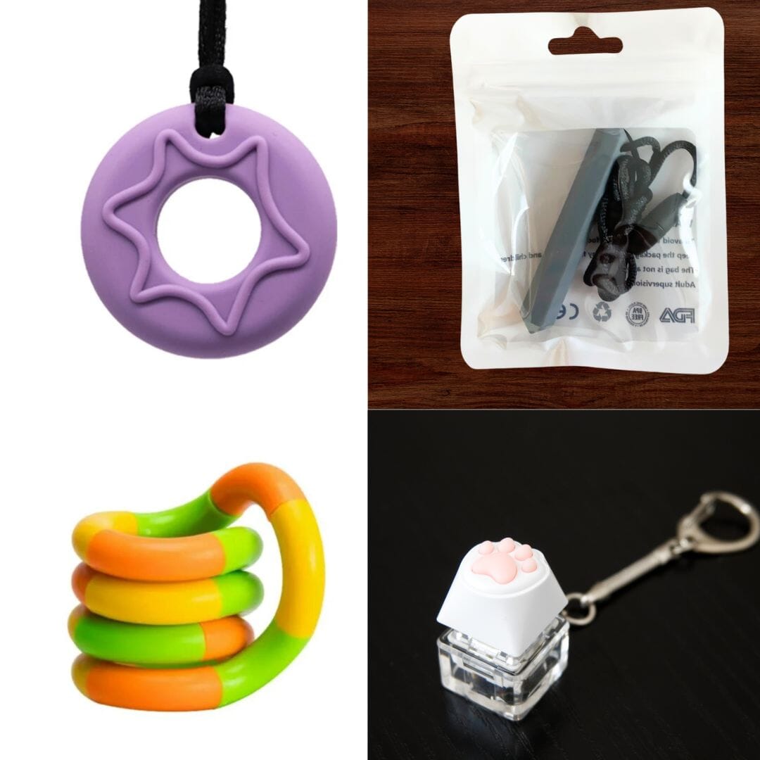 A bundle of two chew necklaces and two fidget toys. Top-left: A purple star-shaped chew pendant. Top-right: A black chew necklace in a clear resealable bag. Bottom-left: A twistable ring with green, orange, and yellow segments. Bottom-right: A cat paw keychain cap on a clear block.