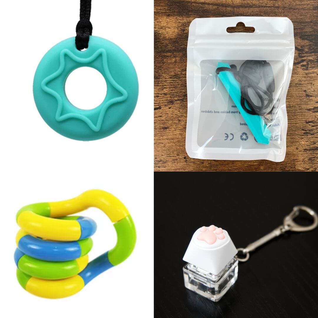 2 Chew Necklaces + 2 Fidget Toys Bundle The Autistic Innovator Aquamarine Turquoise Yellow green blue