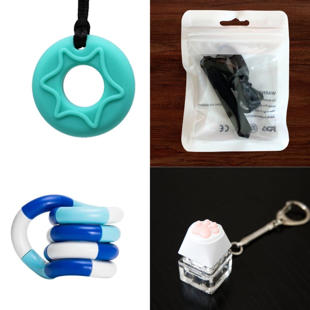 A collage featuring four tactile item images from the 2 Chew Necklaces + 2 Fidget Toys Bundle (choose your colors): a blue star-shaped chew toy on a string (ideal for chew necklaces), a black clip in a plastic bag, a blue and white flexible twisty fidget toy, and a small white paw keyboard fidget keychain with a pink paw-shaped button on top.