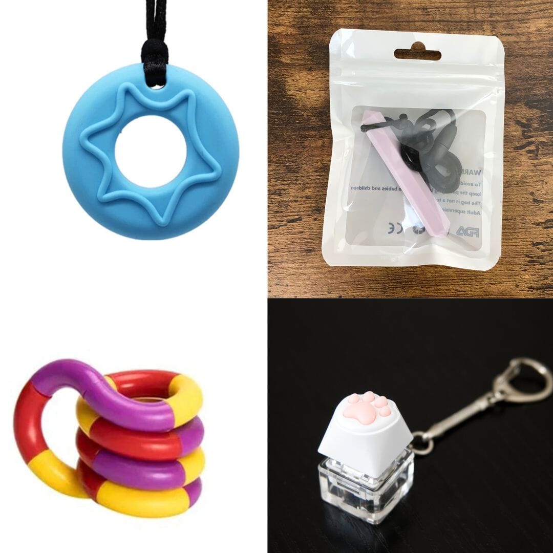 2 Chew Necklaces + 2 Fidget Toys Bundle The Autistic Innovator Blue Light Purple Purple red yellow