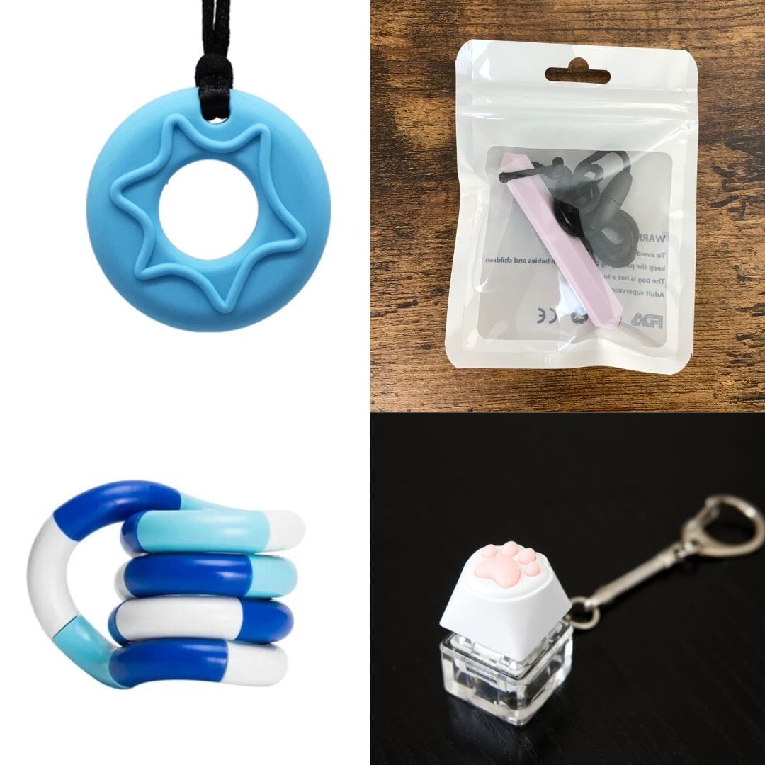 2 Chew Necklaces + 2 Fidget Toys Bundle The Autistic Innovator Blue Light Purple Blue white deep blue