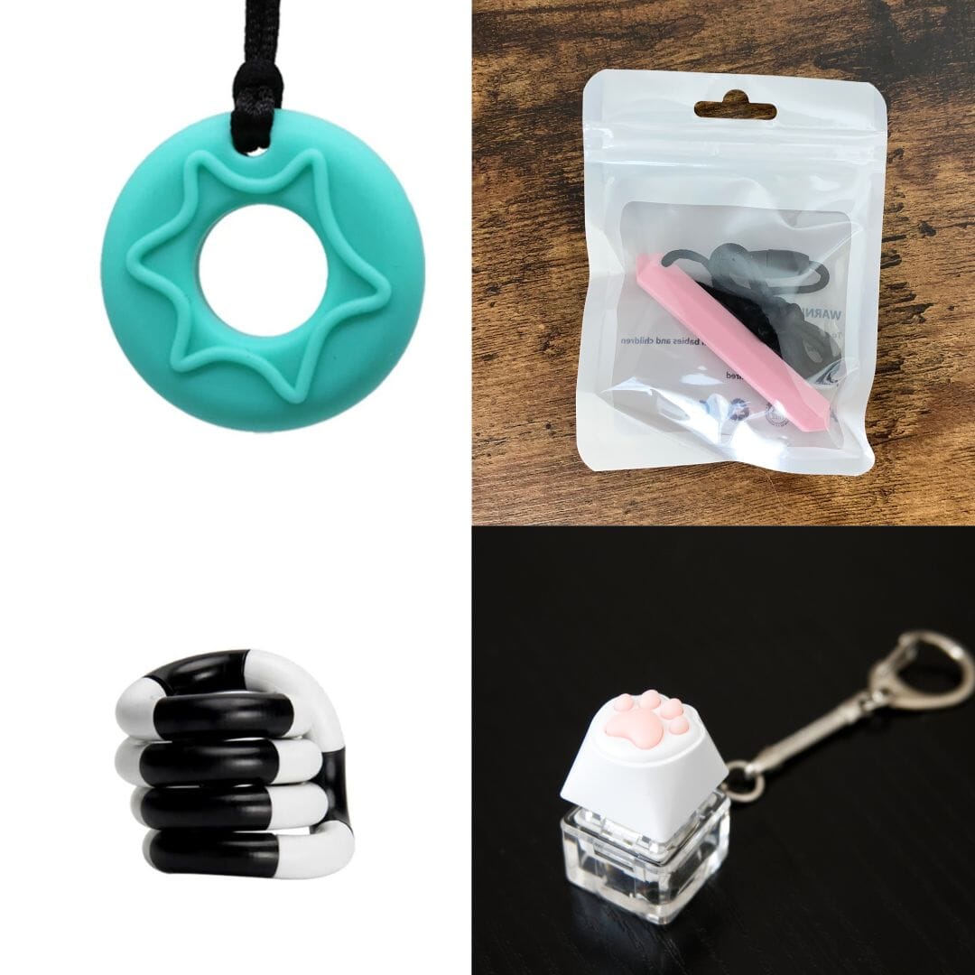 2 Chew Necklaces + 2 Fidget Toys Bundle The Autistic Innovator Aquamarine Pink Black and white