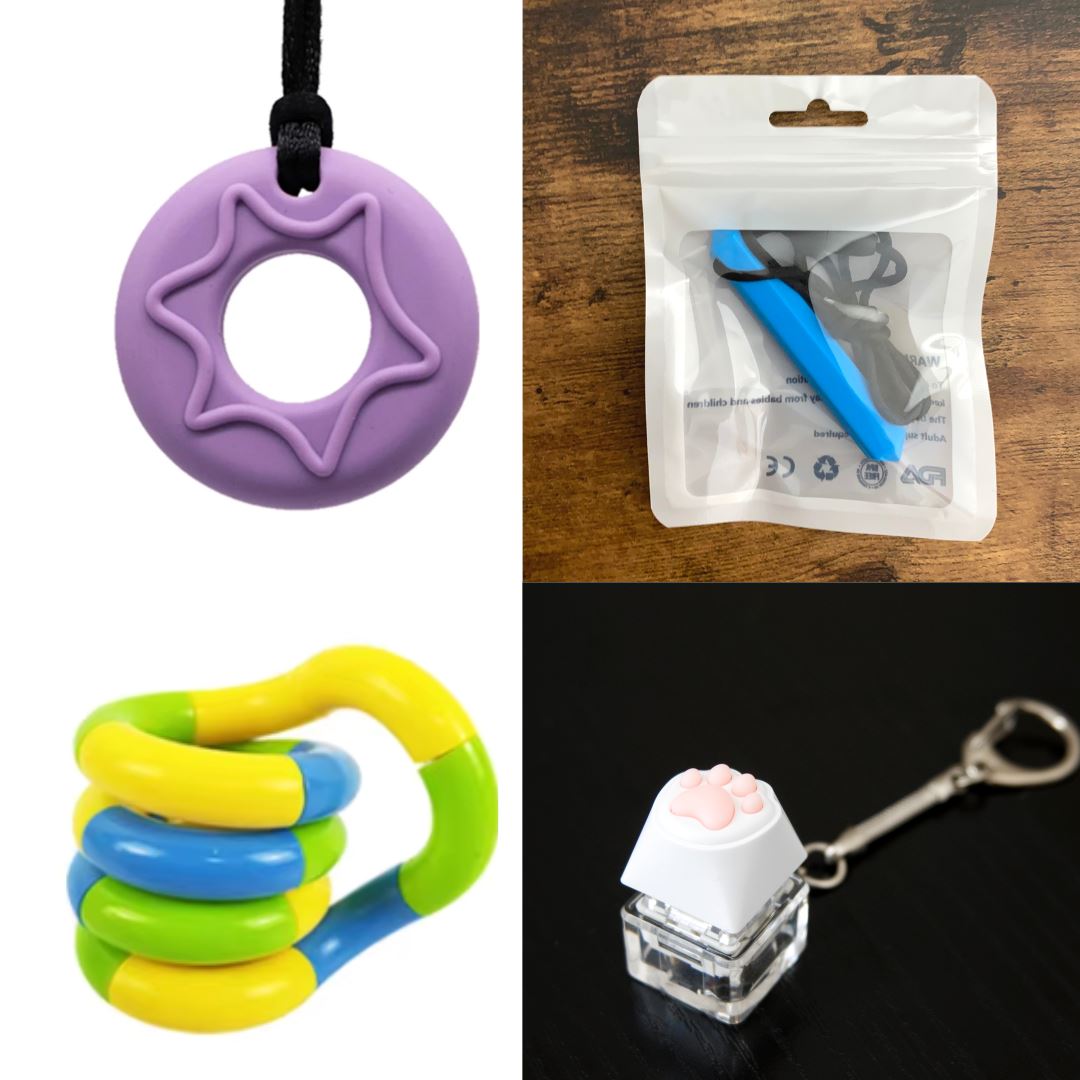 2 Chew Necklaces + 2 Fidget Toys Bundle The Autistic Innovator Purple Blue Yellow green blue