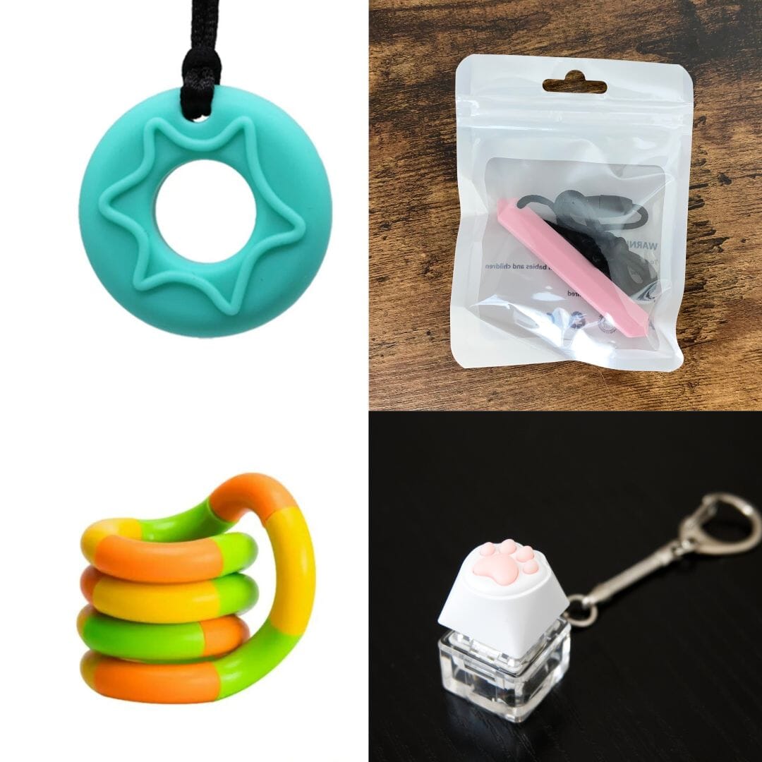 2 Chew Necklaces + 2 Fidget Toys Bundle The Autistic Innovator Aquamarine Pink Green yellow orange