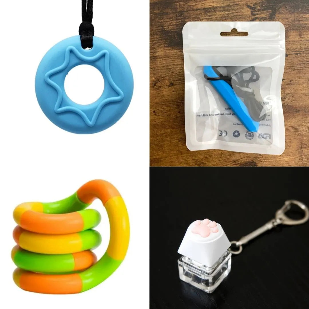 2 Chew Necklaces + 2 Fidget Toys Bundle (choose your colors) Blue Blue Green yellow orange